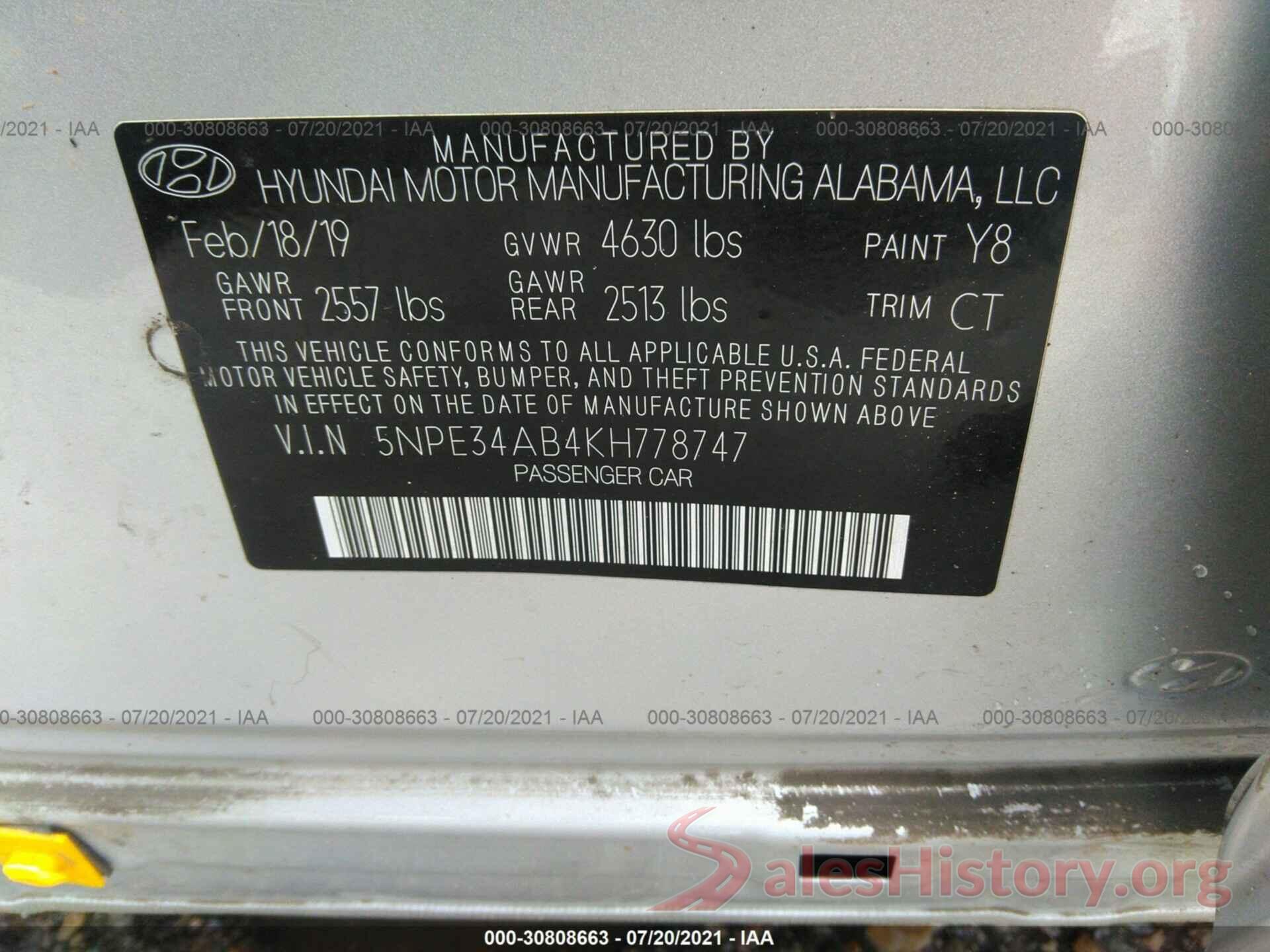 5NPE34AB4KH778747 2019 HYUNDAI SONATA