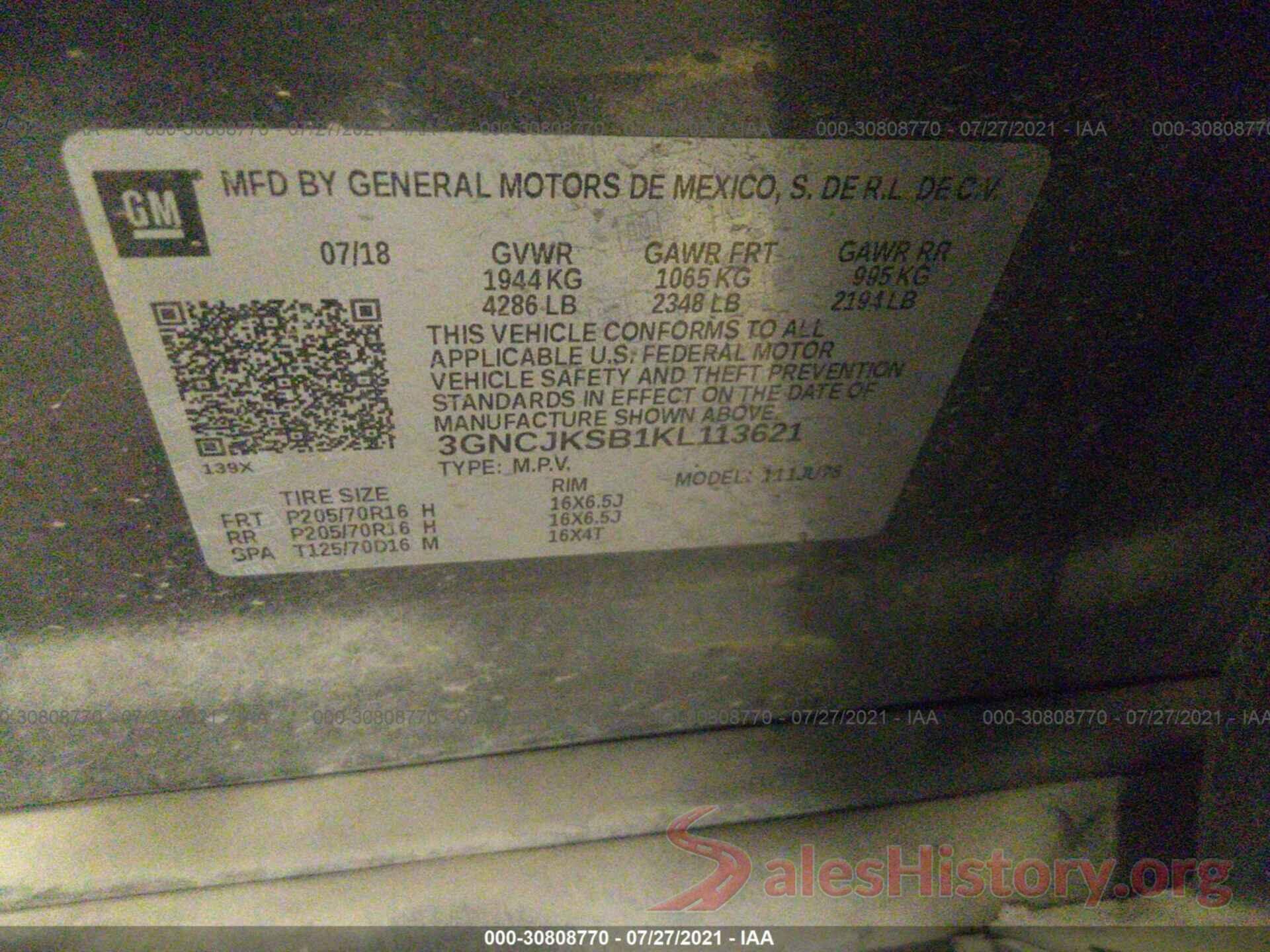 3GNCJKSB1KL113621 2019 CHEVROLET TRAX