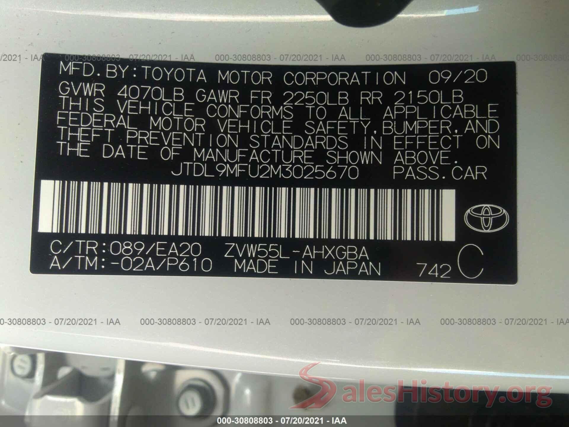 JTDL9MFU2M3025670 2021 TOYOTA PRIUS