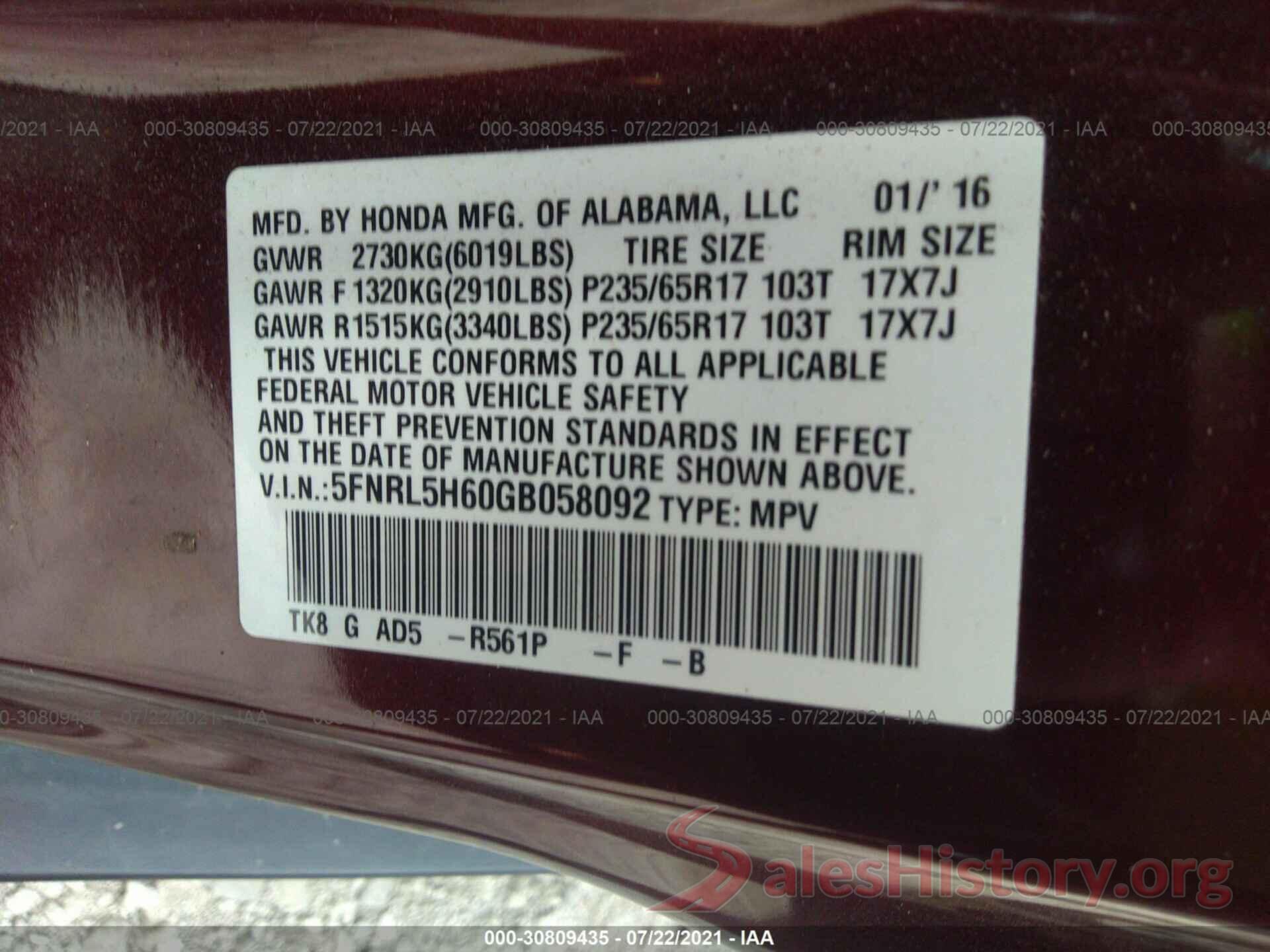 5FNRL5H60GB058092 2016 HONDA ODYSSEY