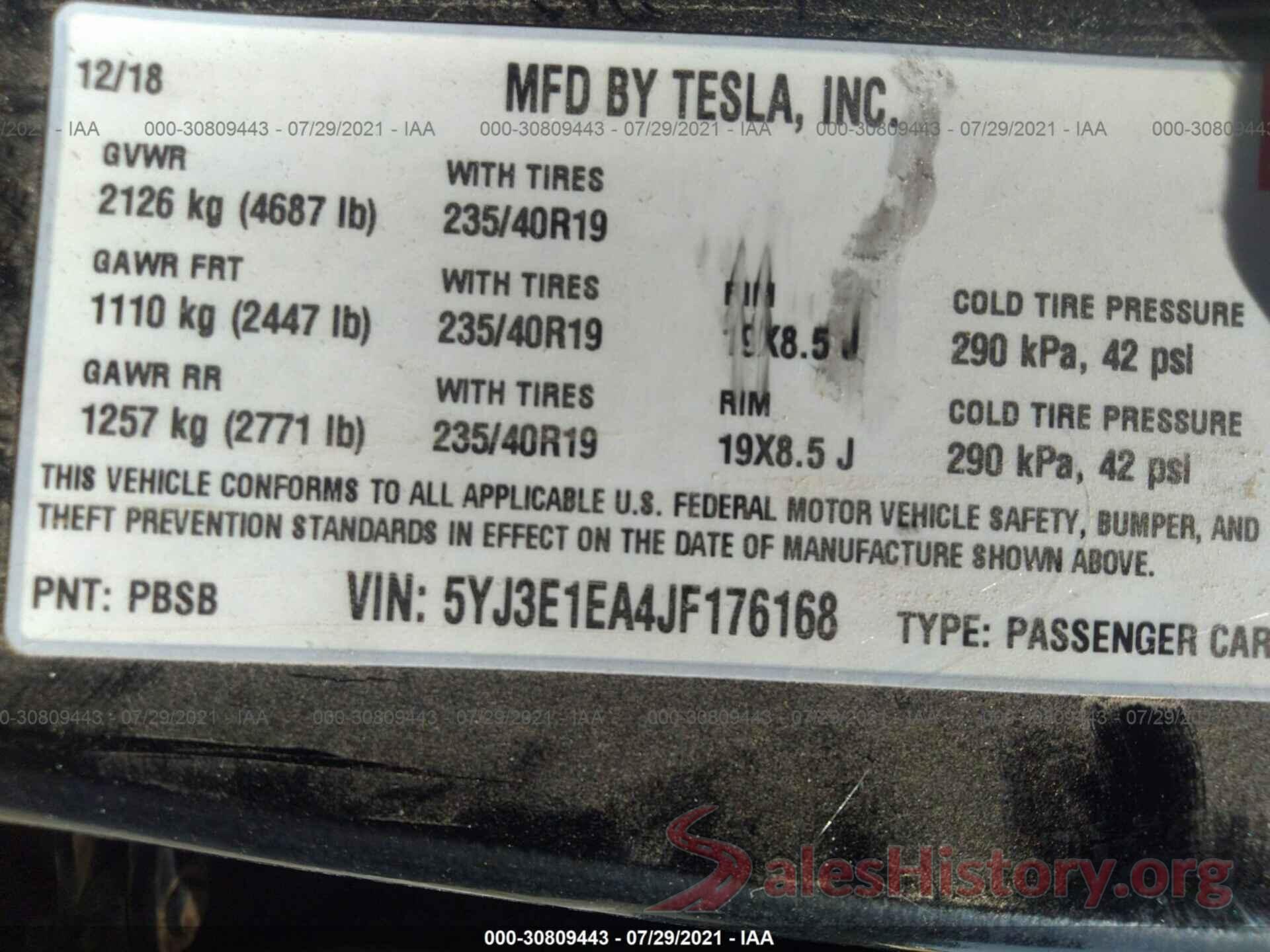 5YJ3E1EA4JF176168 2018 TESLA MODEL 3