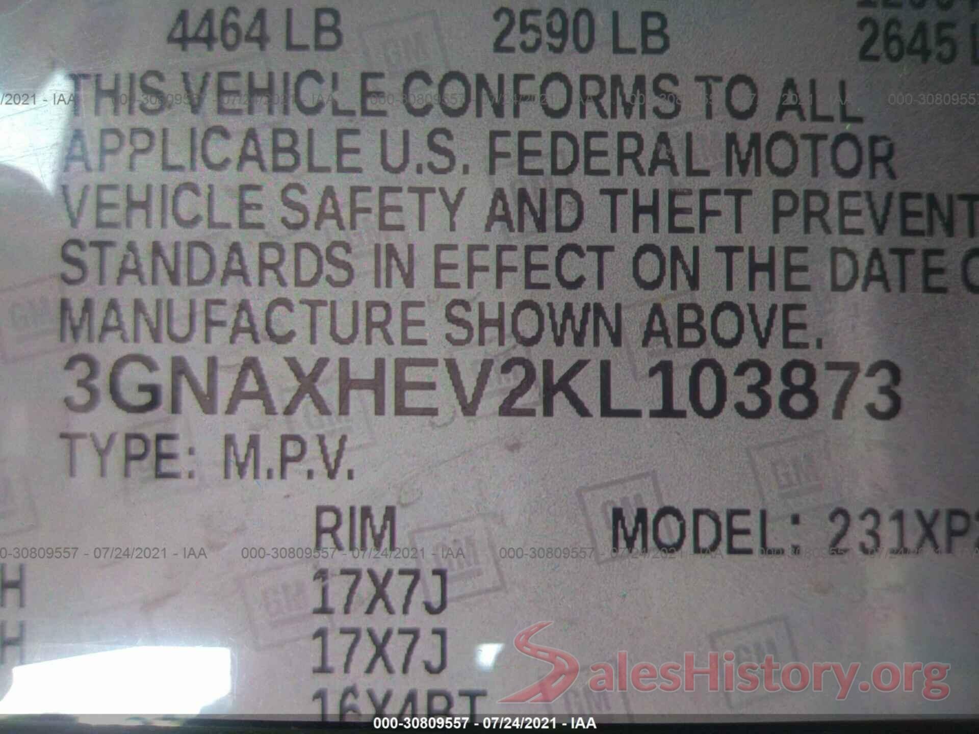 3GNAXHEV2KL103873 2019 CHEVROLET EQUINOX