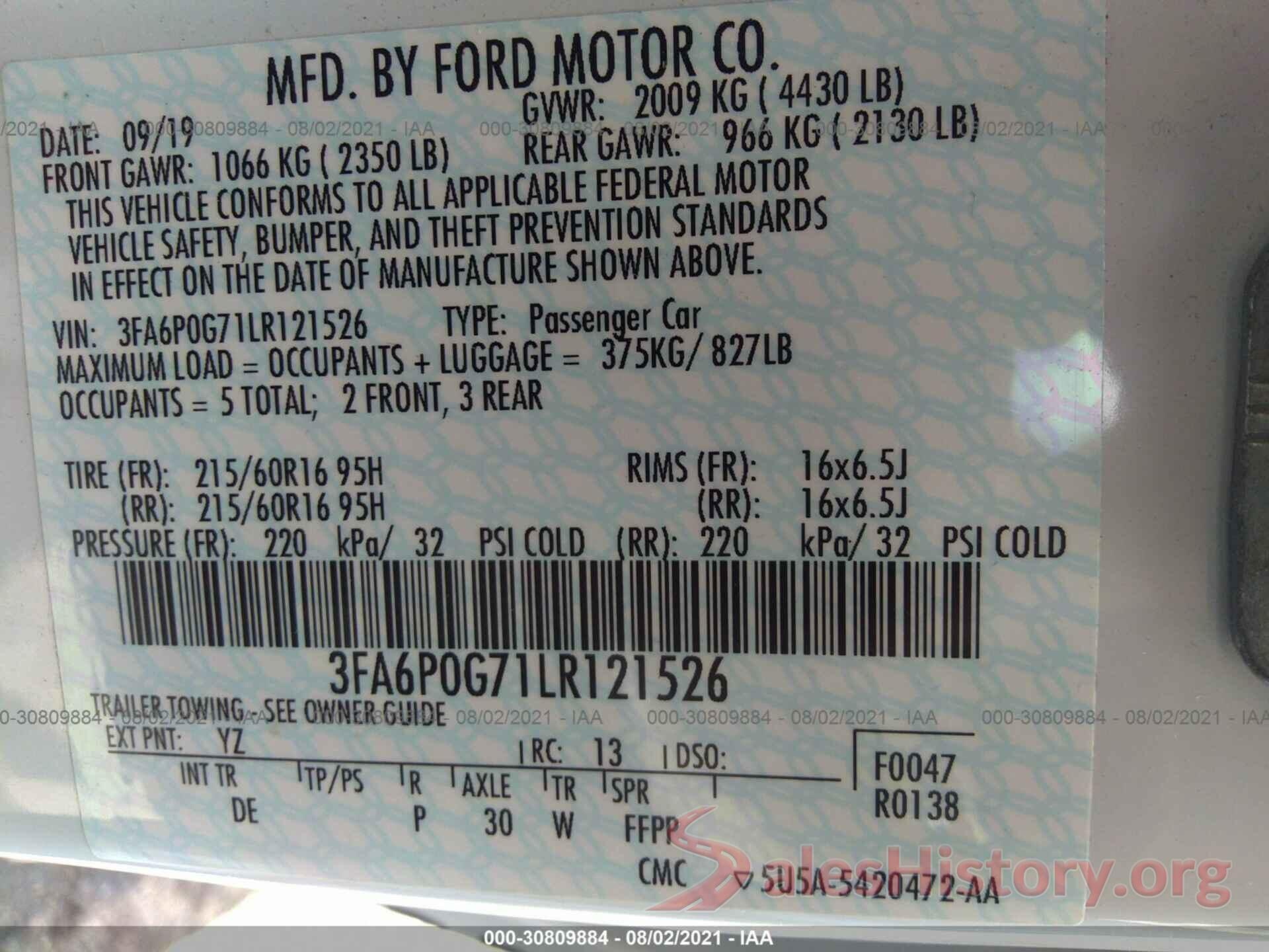 3FA6P0G71LR121526 2020 FORD FUSION