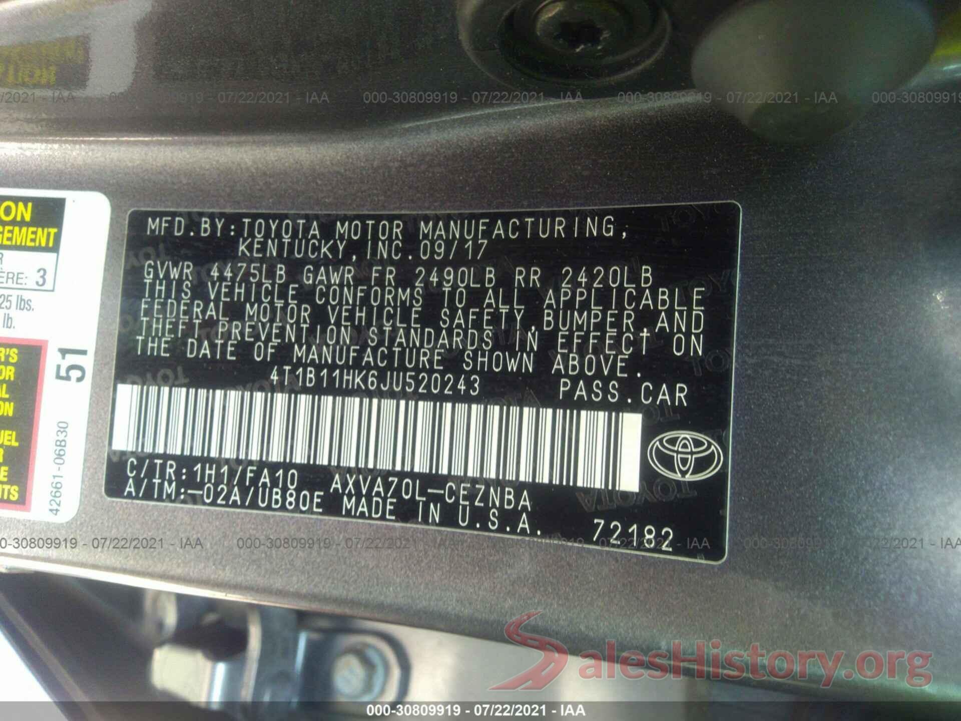 4T1B11HK6JU520243 2018 TOYOTA CAMRY