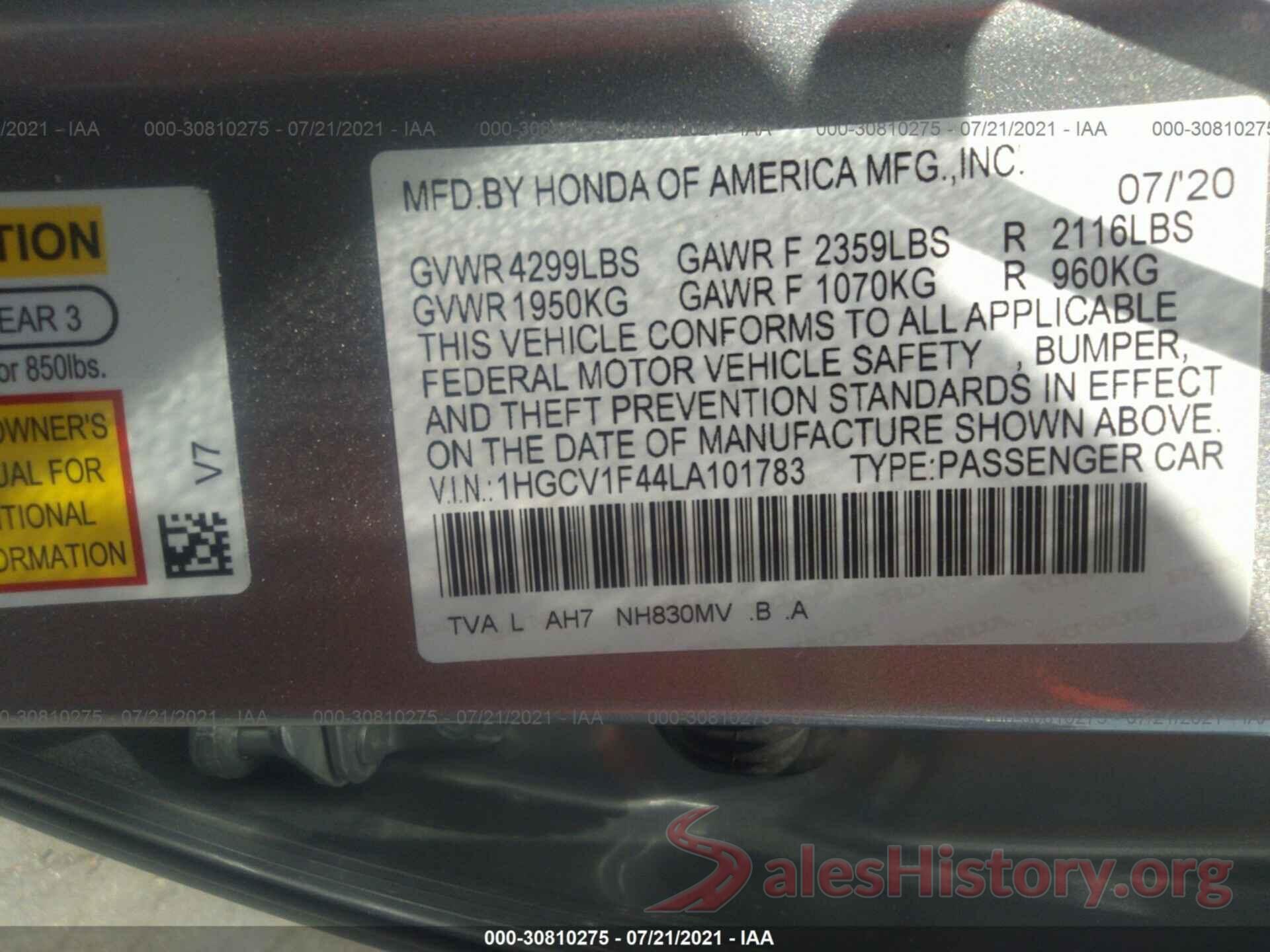 1HGCV1F44LA101783 2020 HONDA ACCORD SEDAN