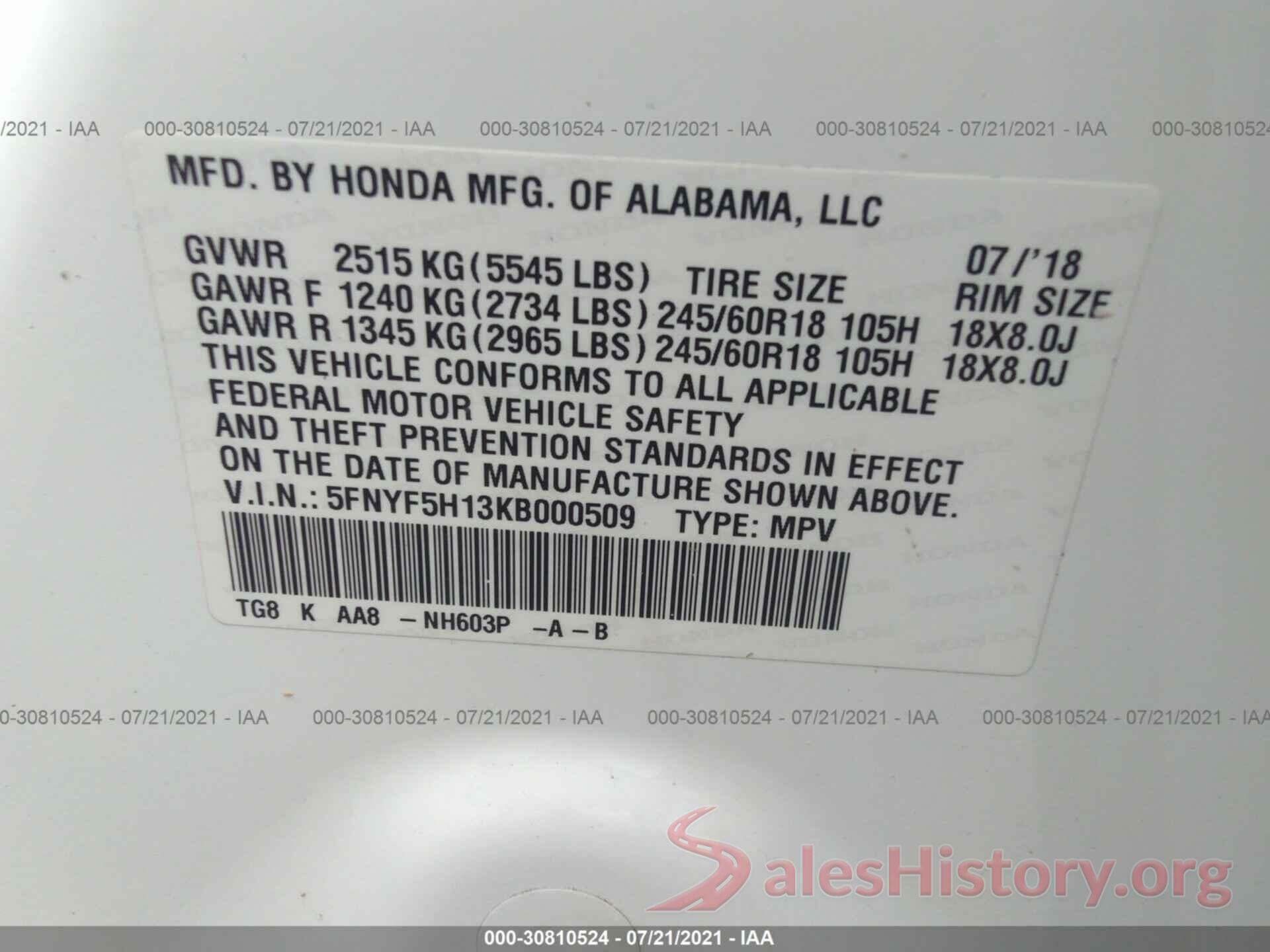 5FNYF5H13KB000509 2019 HONDA PILOT