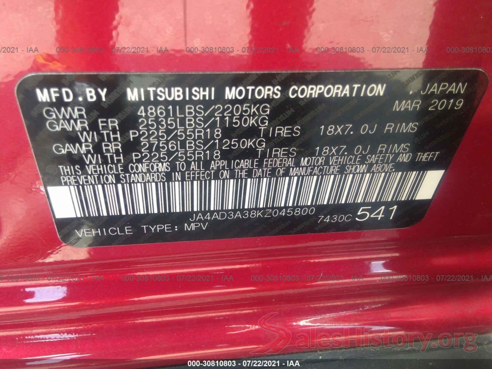 JA4AD3A38KZ045800 2019 MITSUBISHI OUTLANDER