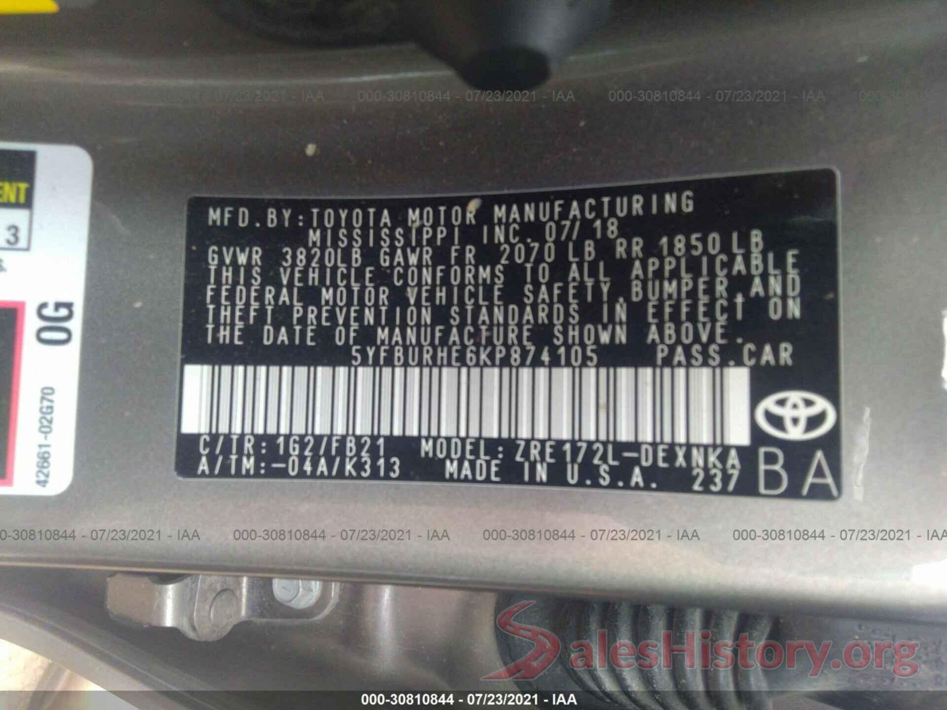 5YFBURHE6KP874105 2019 TOYOTA COROLLA