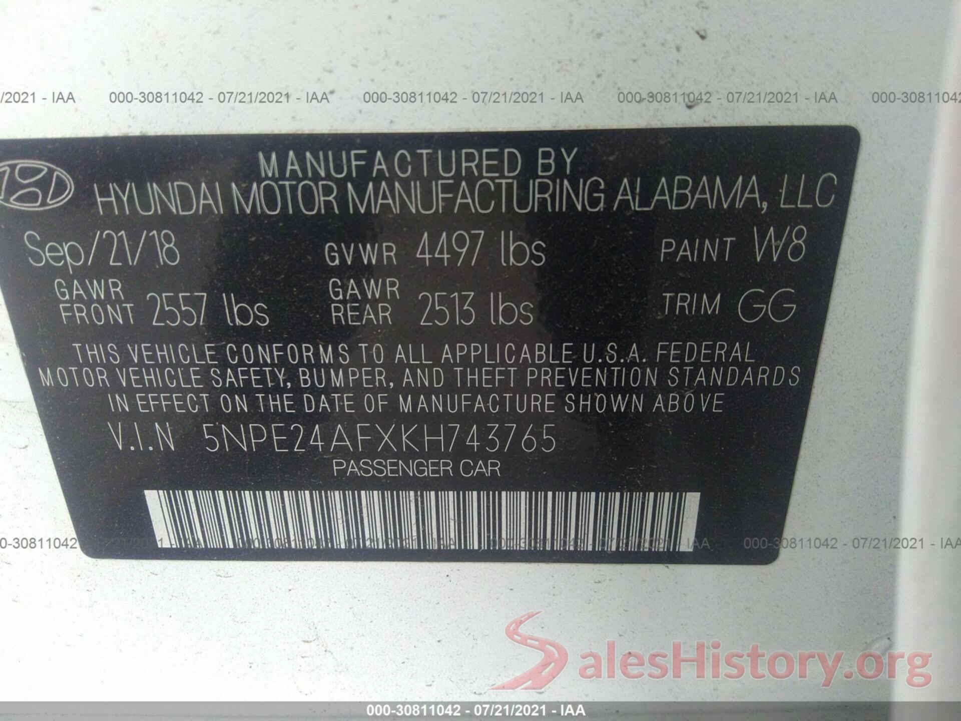 5NPE24AFXKH743765 2019 HYUNDAI SONATA