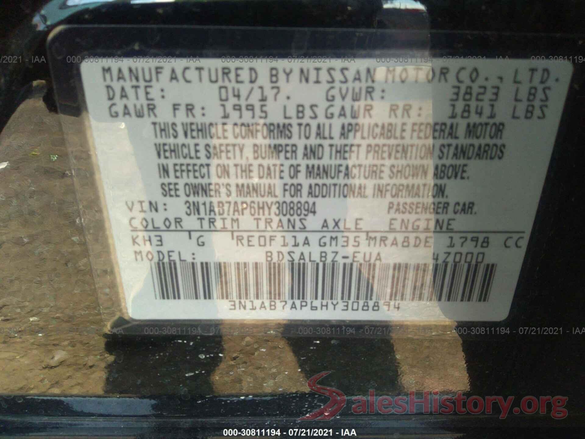 3N1AB7AP6HY308894 2017 NISSAN SENTRA