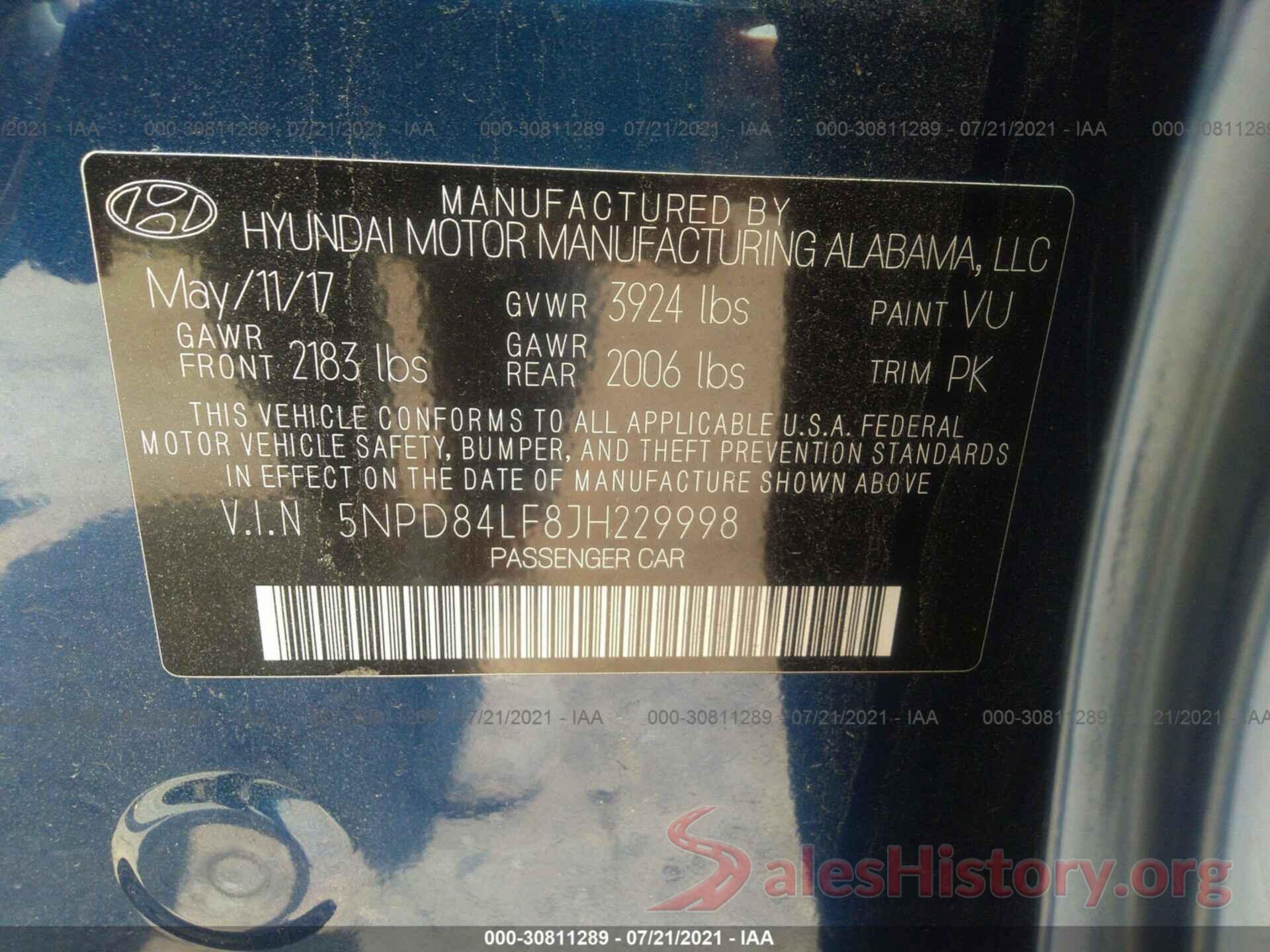 5NPD84LF8JH229998 2018 HYUNDAI ELANTRA