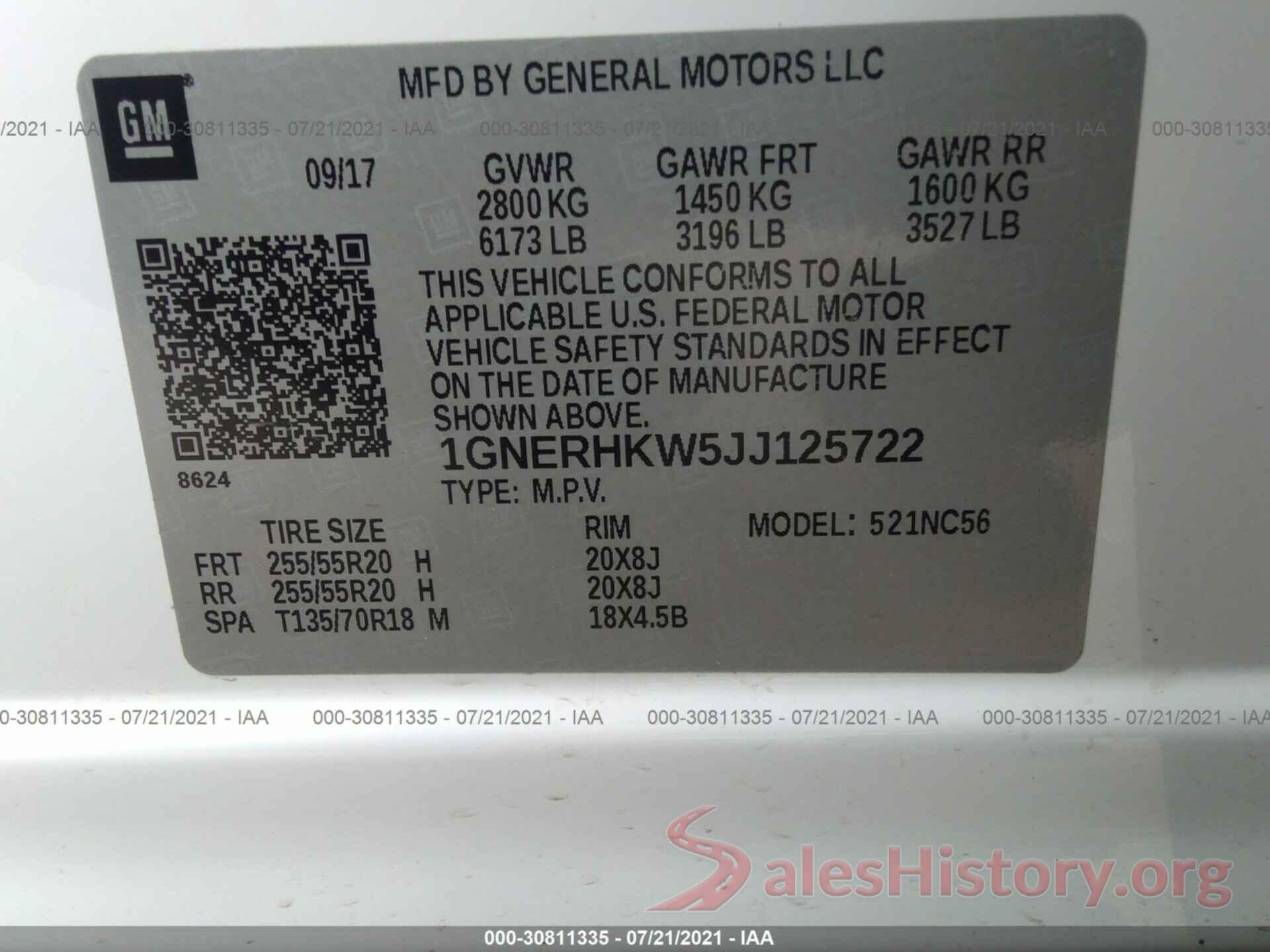 1GNERHKW5JJ125722 2018 CHEVROLET TRAVERSE