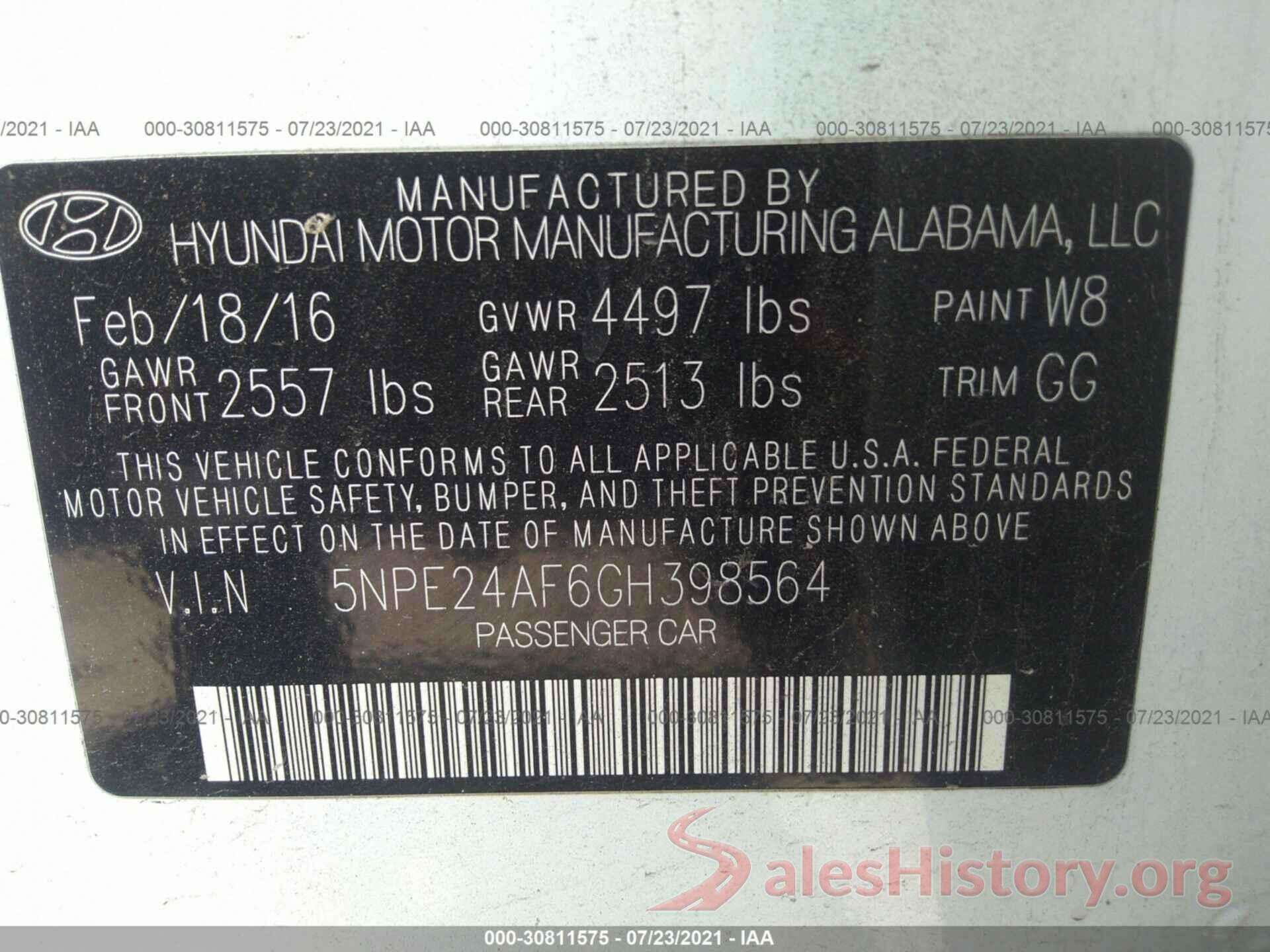 5NPE24AF6GH398564 2016 HYUNDAI SONATA