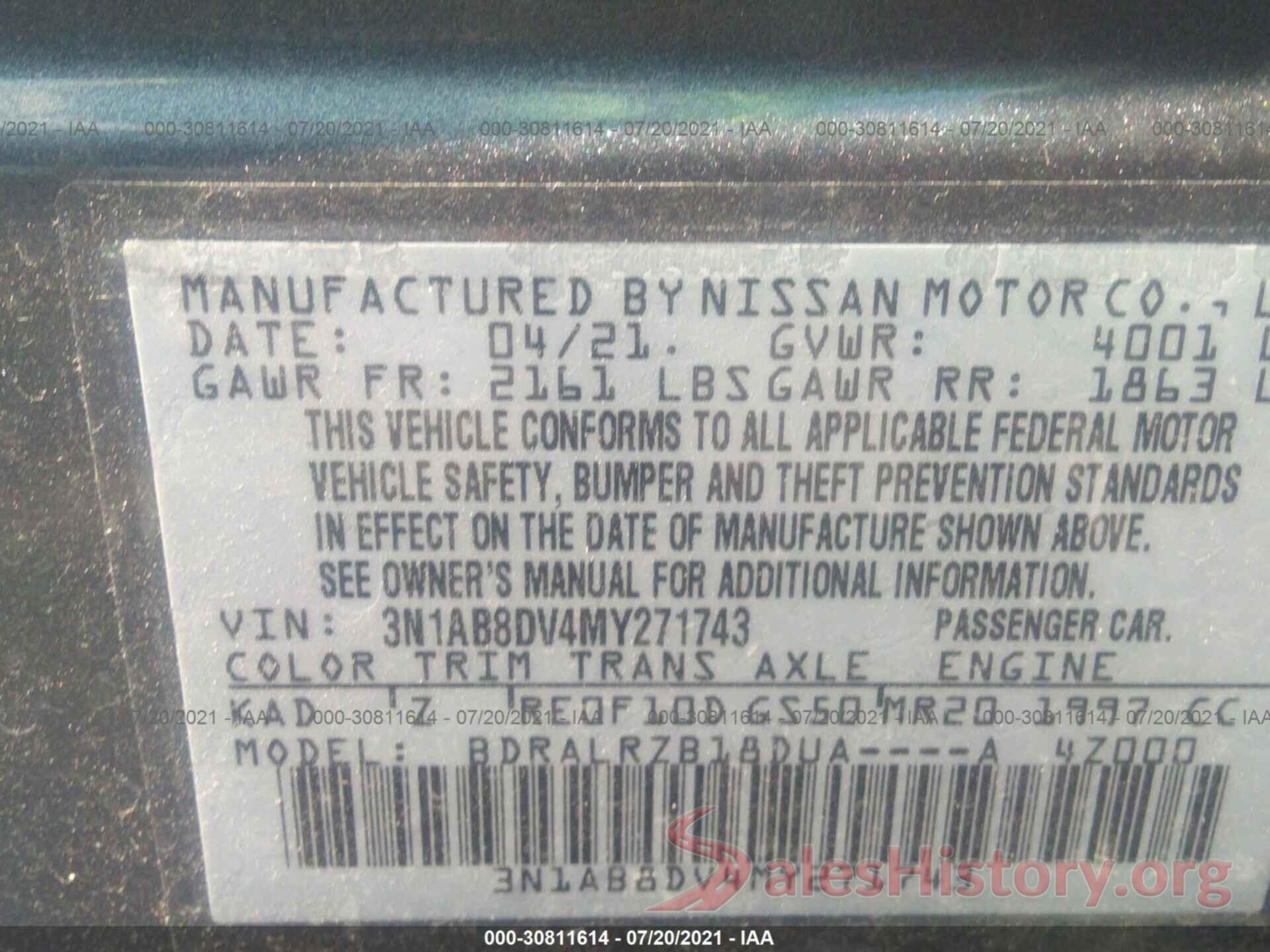 3N1AB8DV4MY271743 2021 NISSAN SENTRA