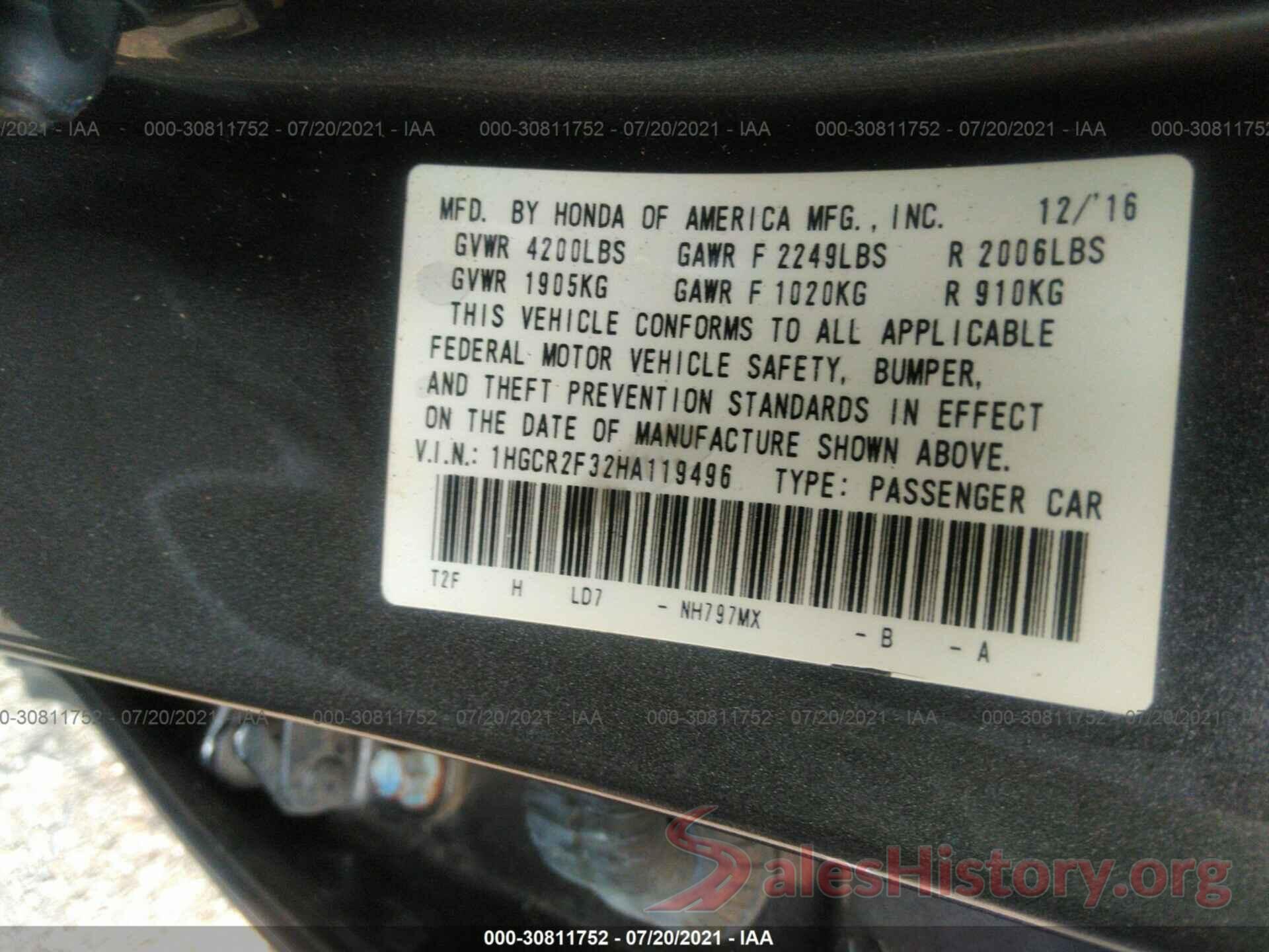 1HGCR2F32HA119496 2017 HONDA ACCORD SEDAN