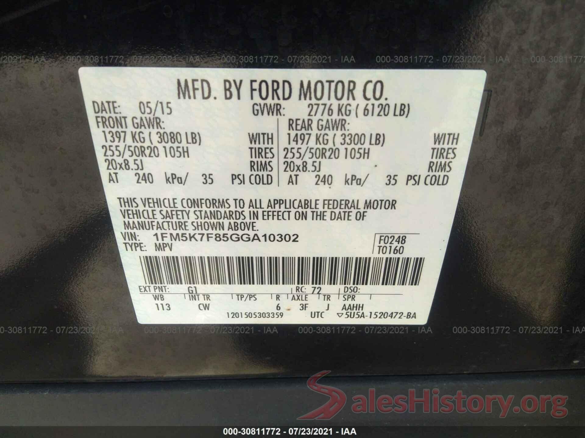 1FM5K7F85GGA10302 2016 FORD EXPLORER