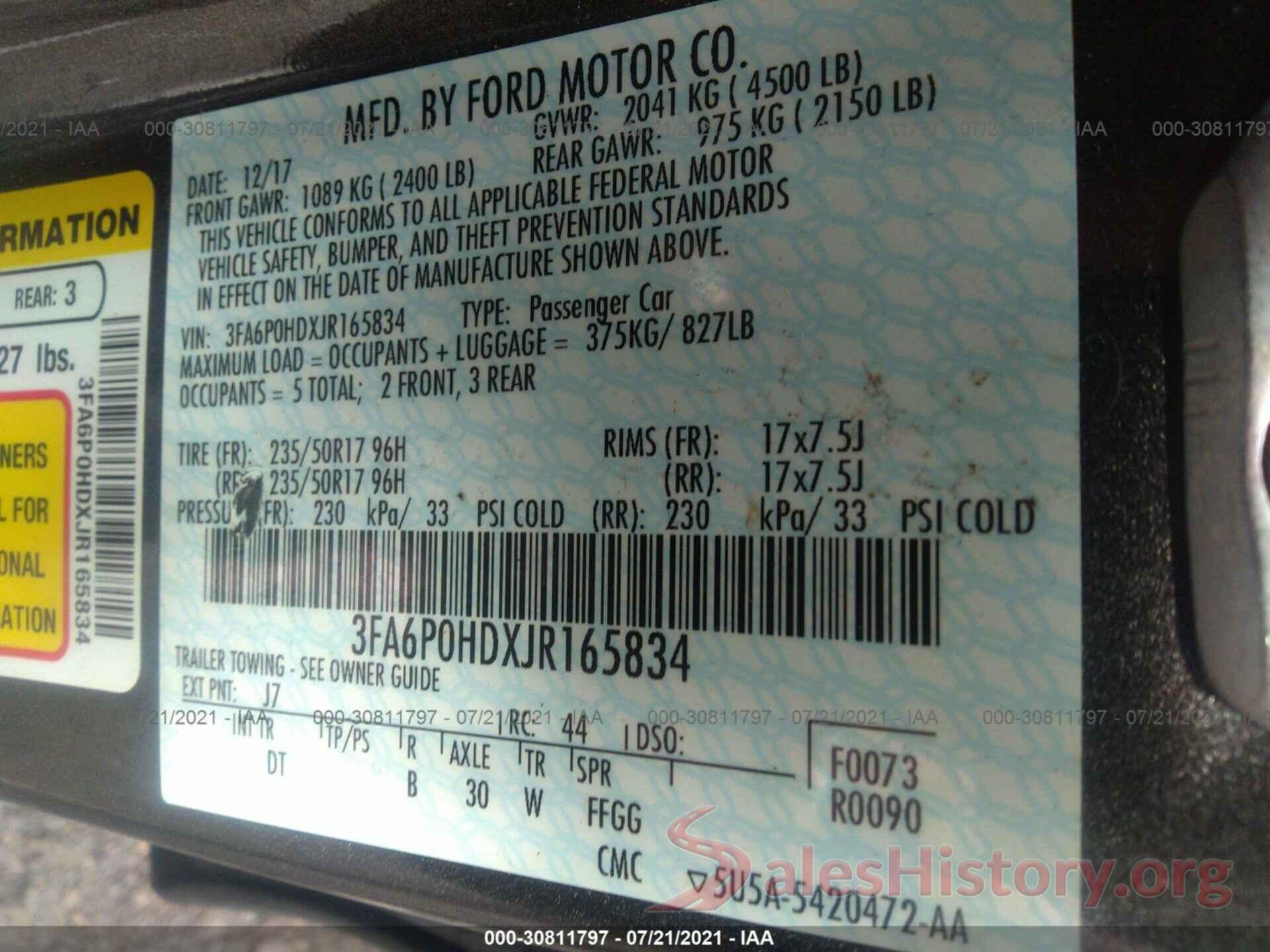 3FA6P0HDXJR165834 2018 FORD FUSION