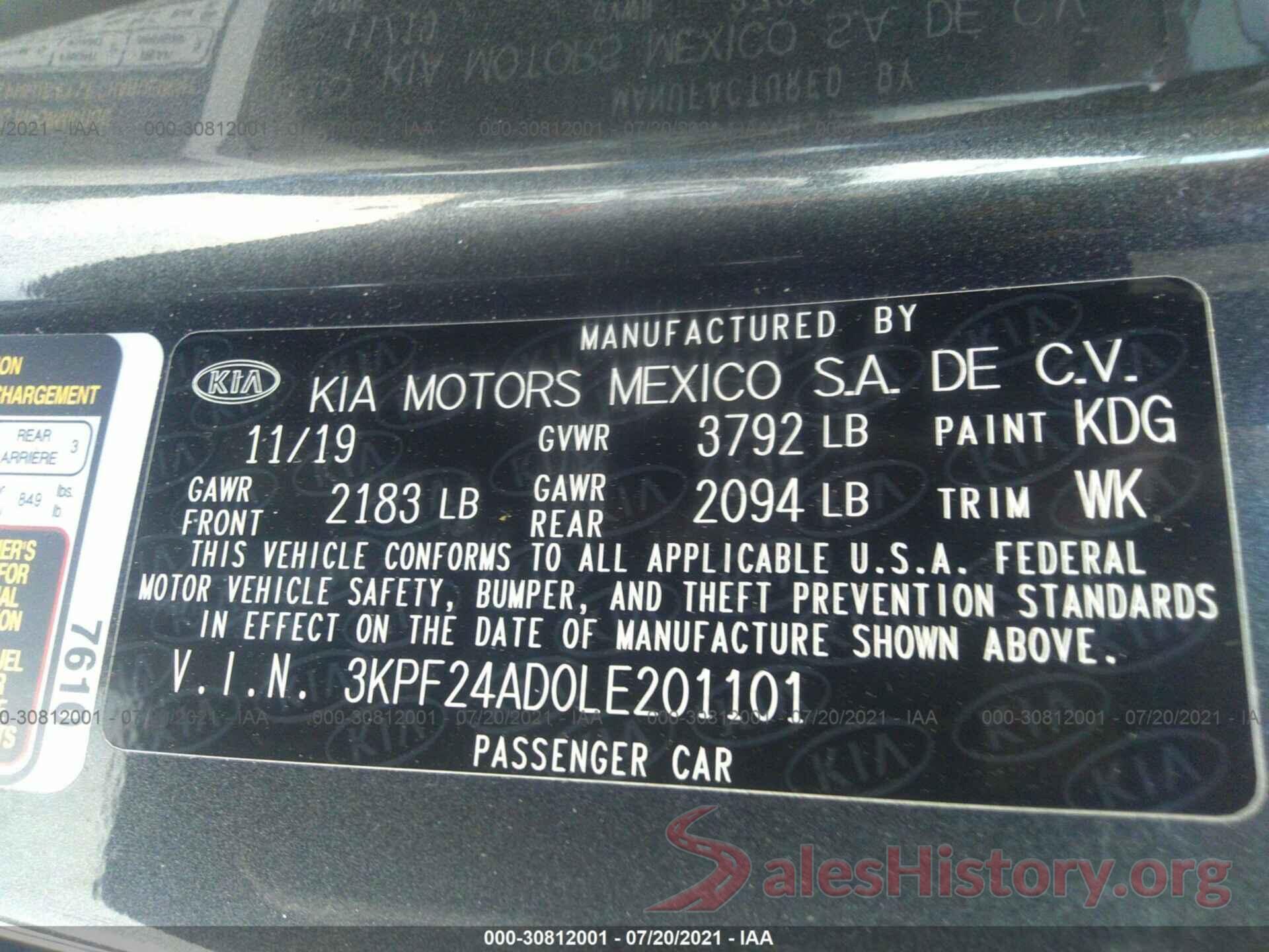 3KPF24AD0LE201101 2020 KIA FORTE