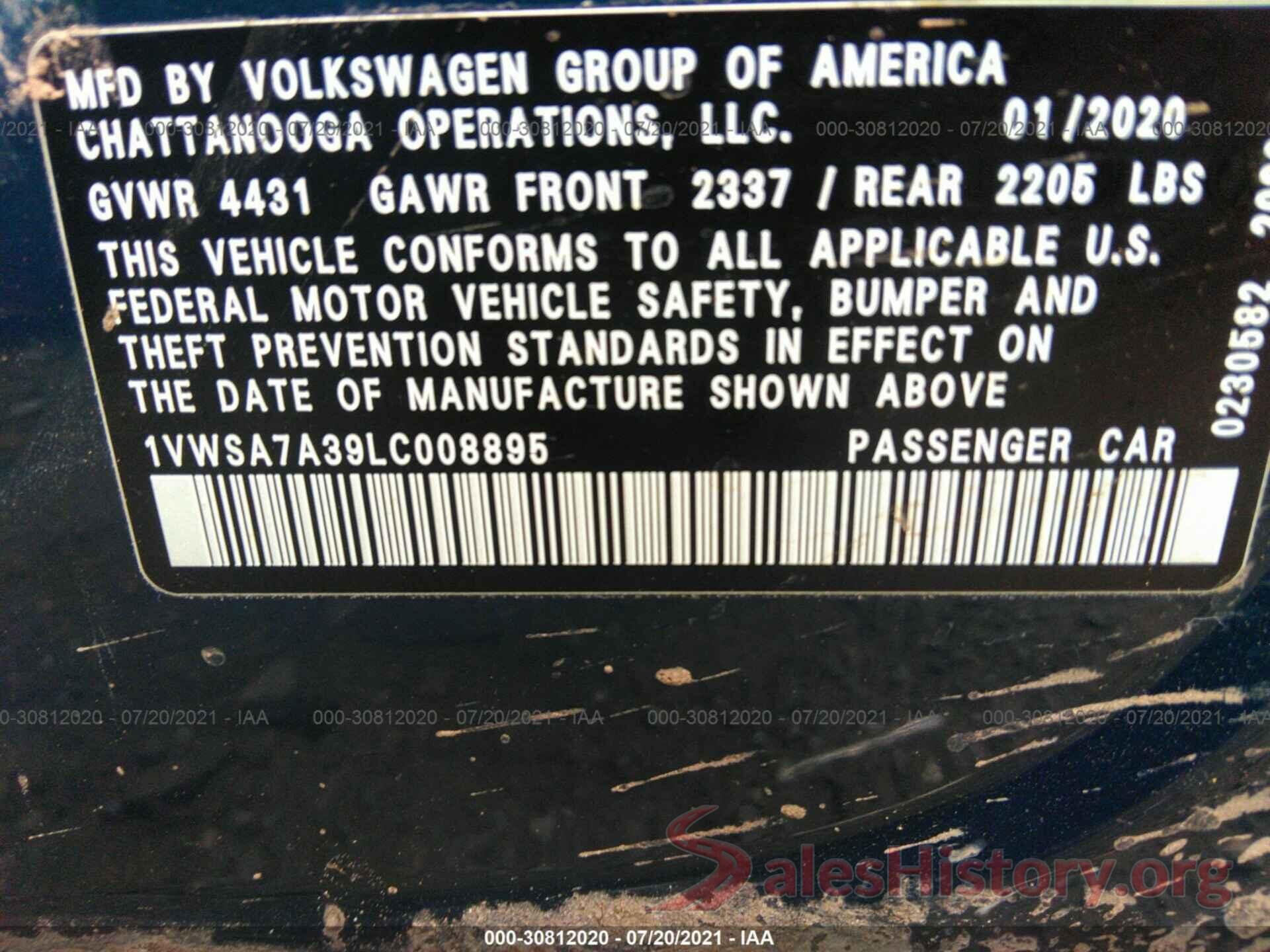 1VWSA7A39LC008895 2020 VOLKSWAGEN PASSAT