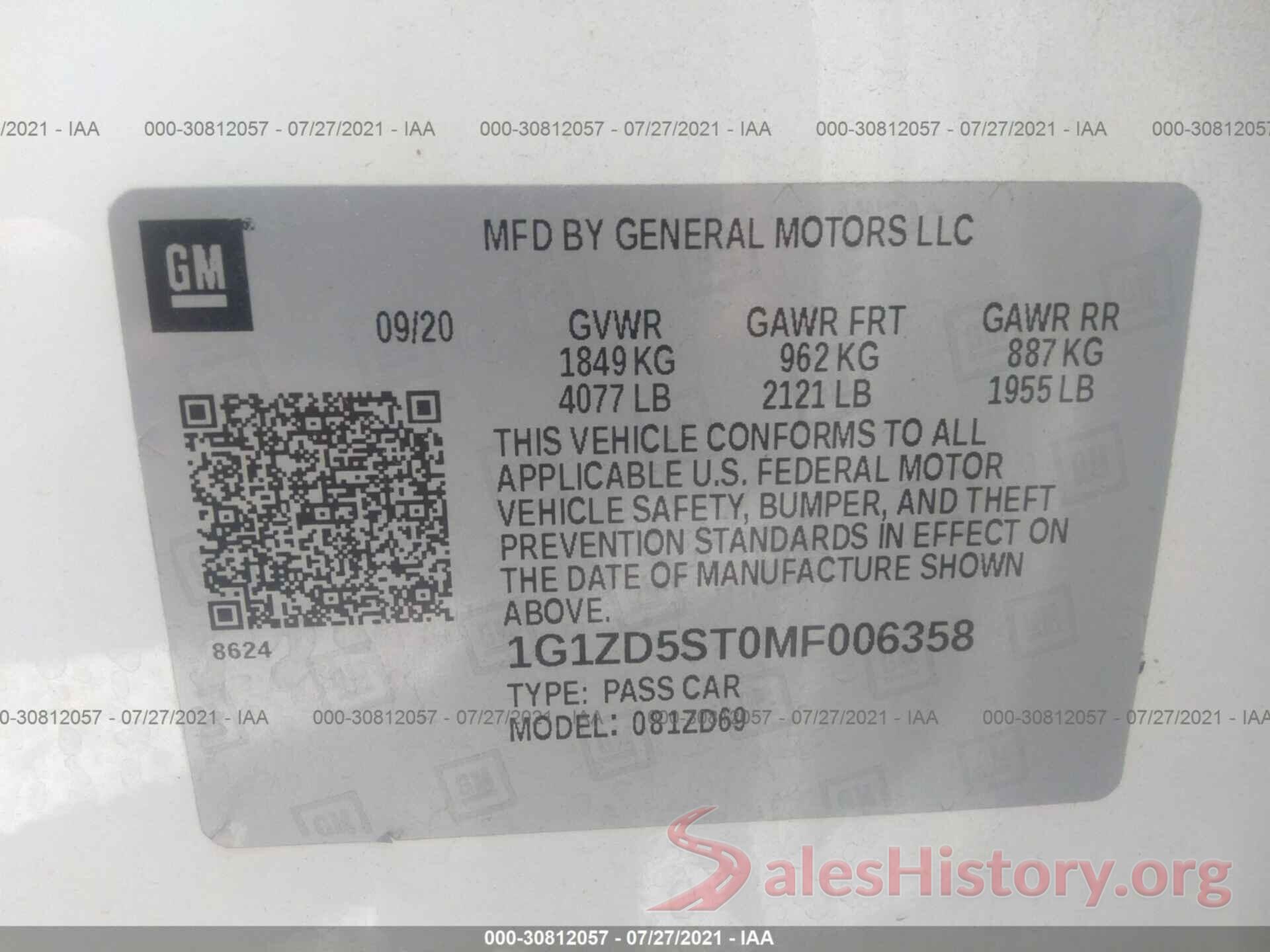 1G1ZD5ST0MF006358 2021 CHEVROLET MALIBU