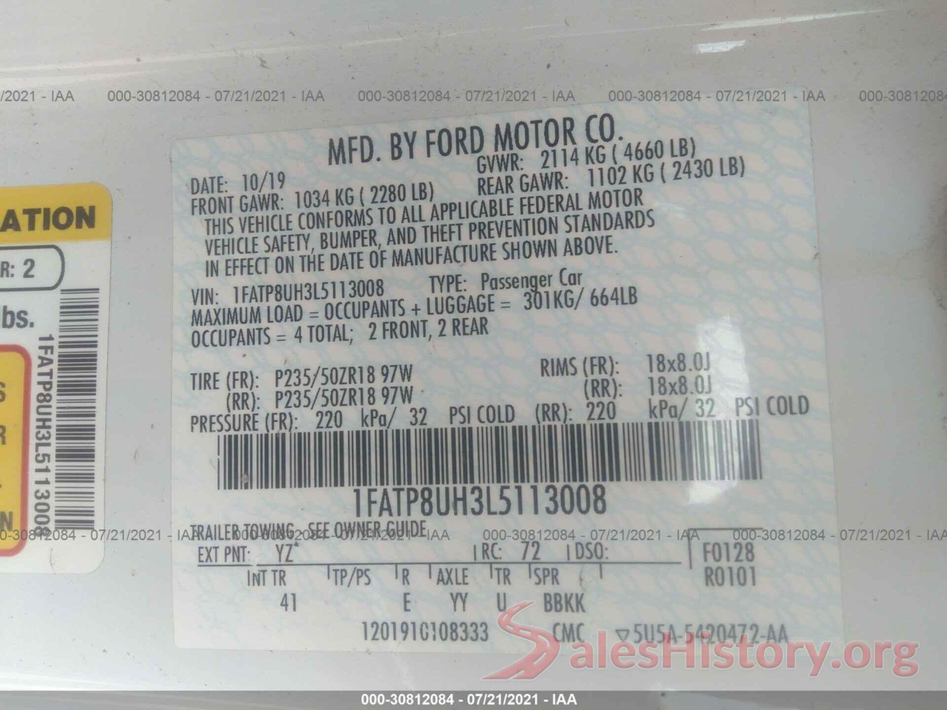 1FATP8UH3L5113008 2020 FORD MUSTANG