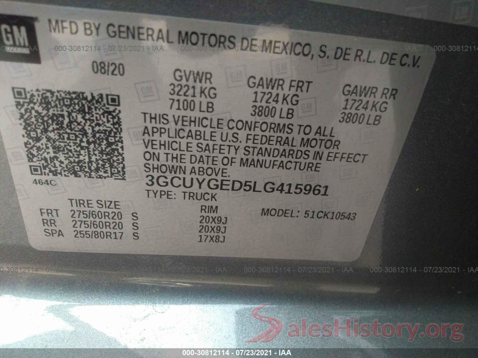 3GCUYGED5LG415961 2020 CHEVROLET SILVERADO 1500