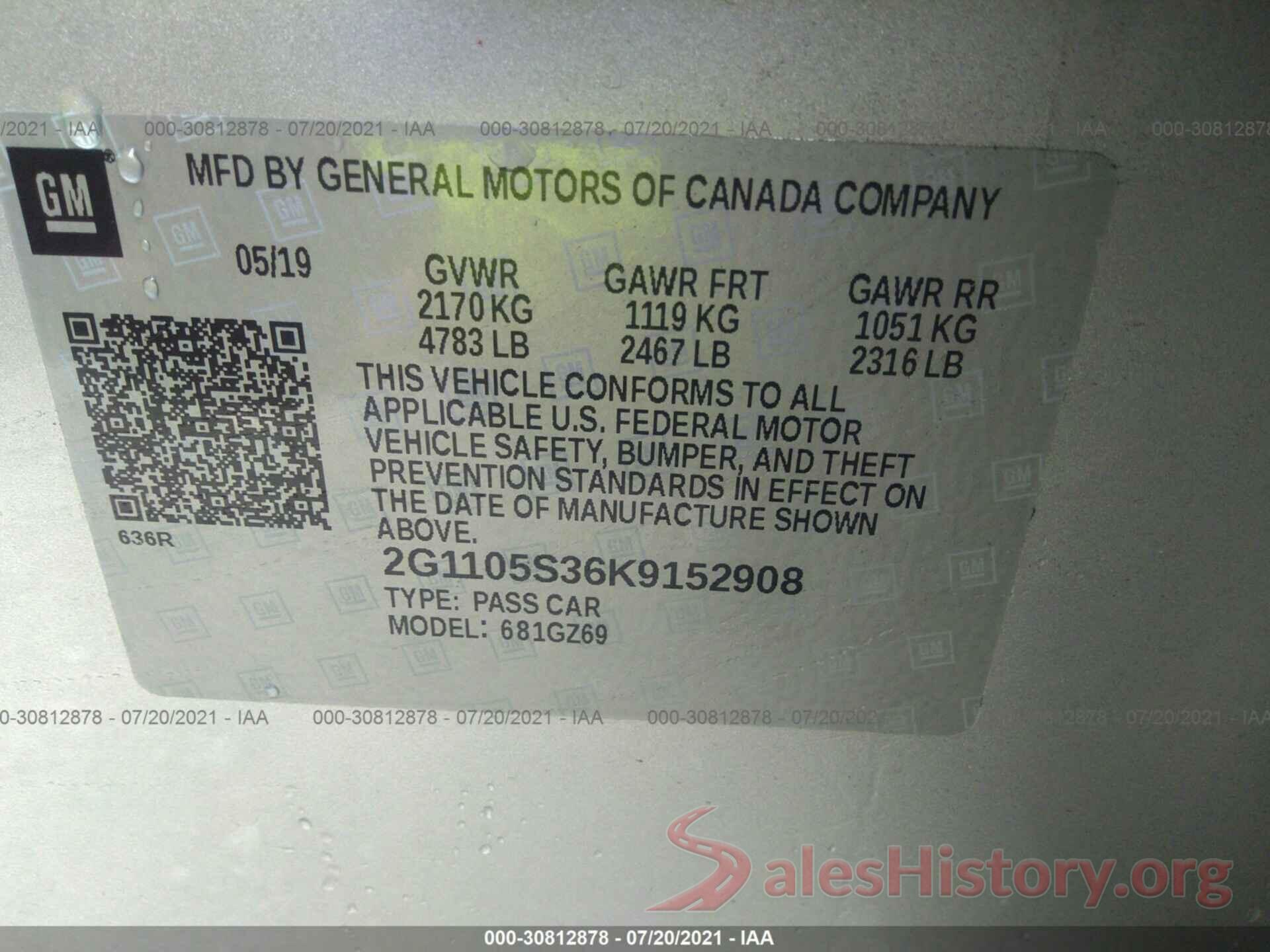 2G1105S36K9152908 2019 CHEVROLET IMPALA