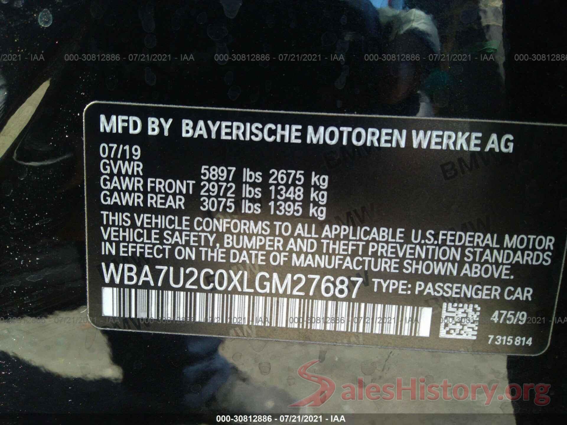 WBA7U2C0XLGM27687 2020 BMW 7 SERIES