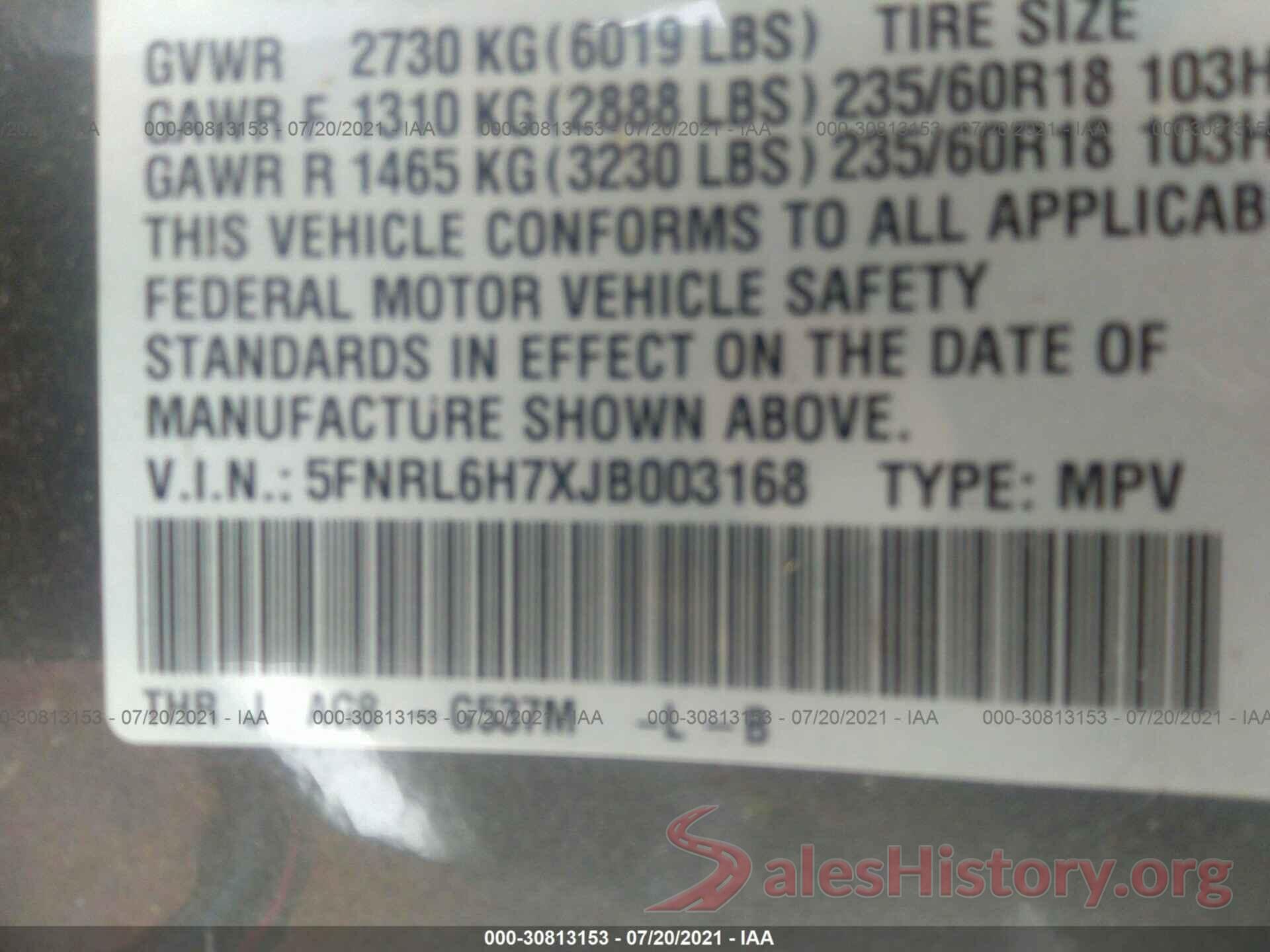 5FNRL6H7XJB003168 2018 HONDA ODYSSEY