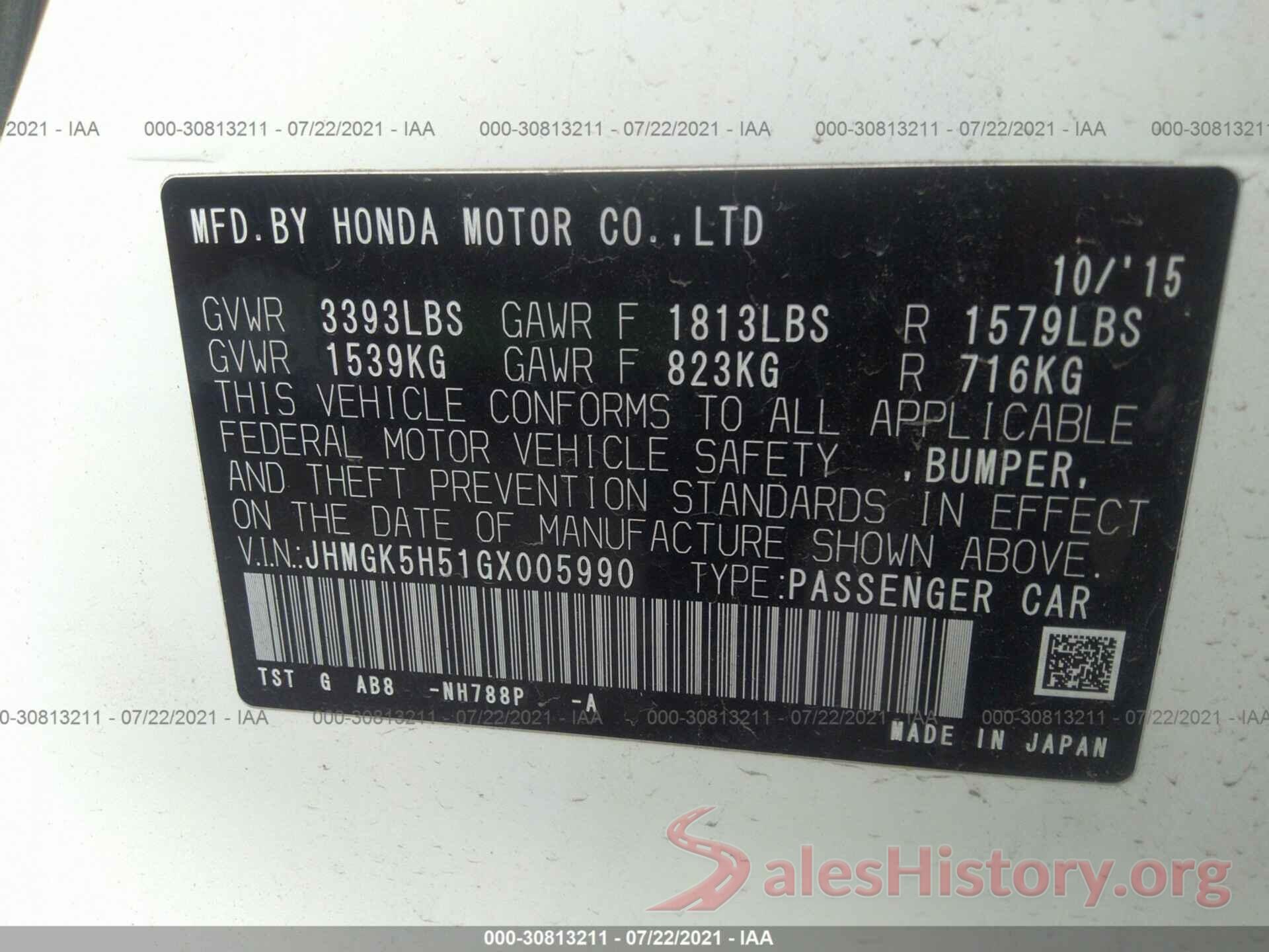 JHMGK5H51GX005990 2016 HONDA FIT