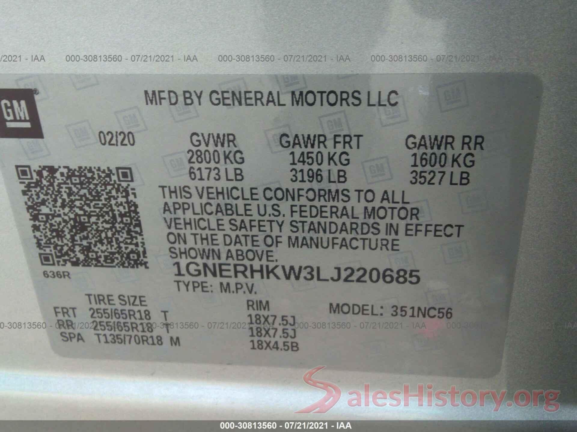 1GNERHKW3LJ220685 2020 CHEVROLET TRAVERSE