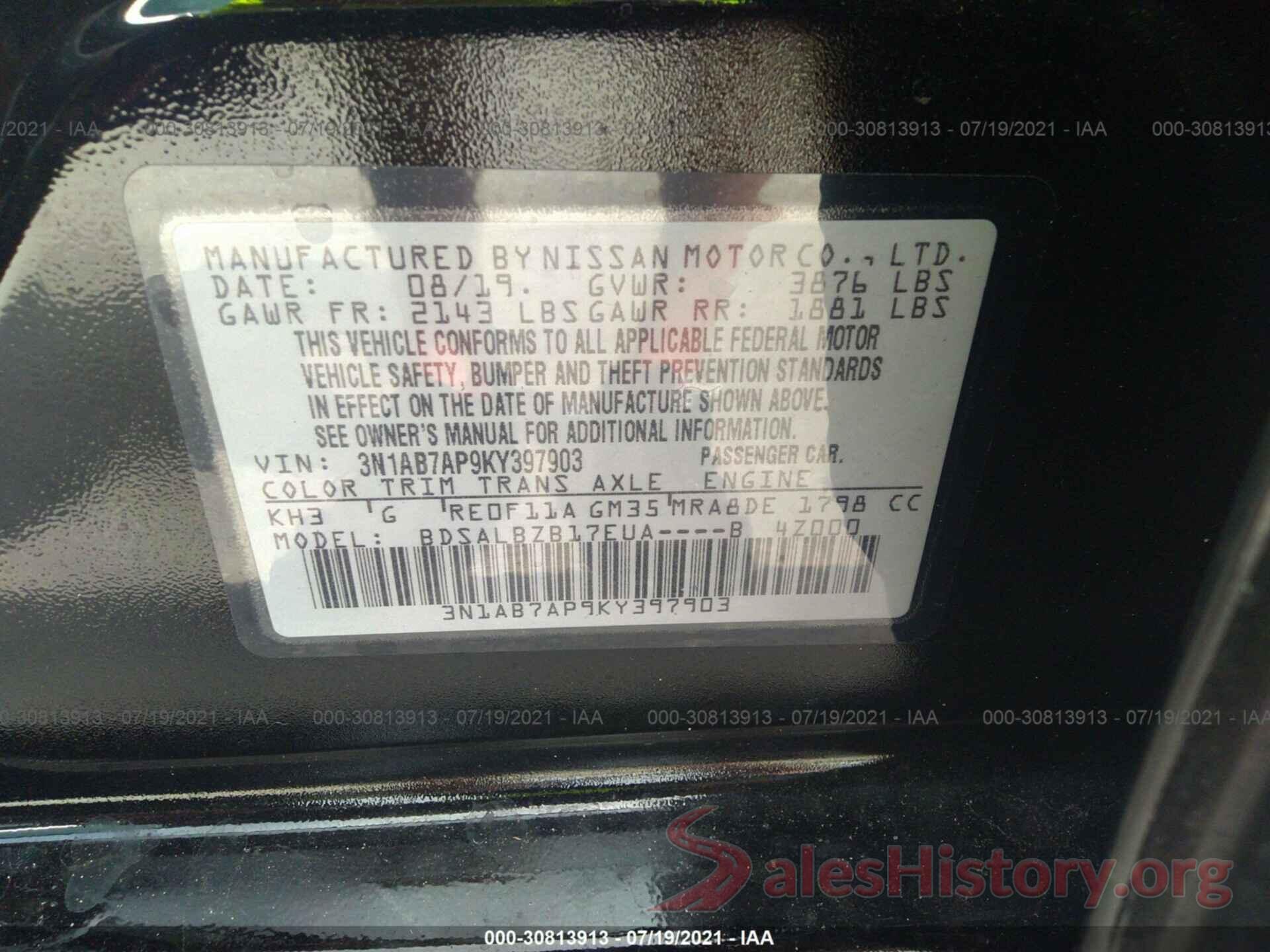 3N1AB7AP9KY397903 2019 NISSAN SENTRA