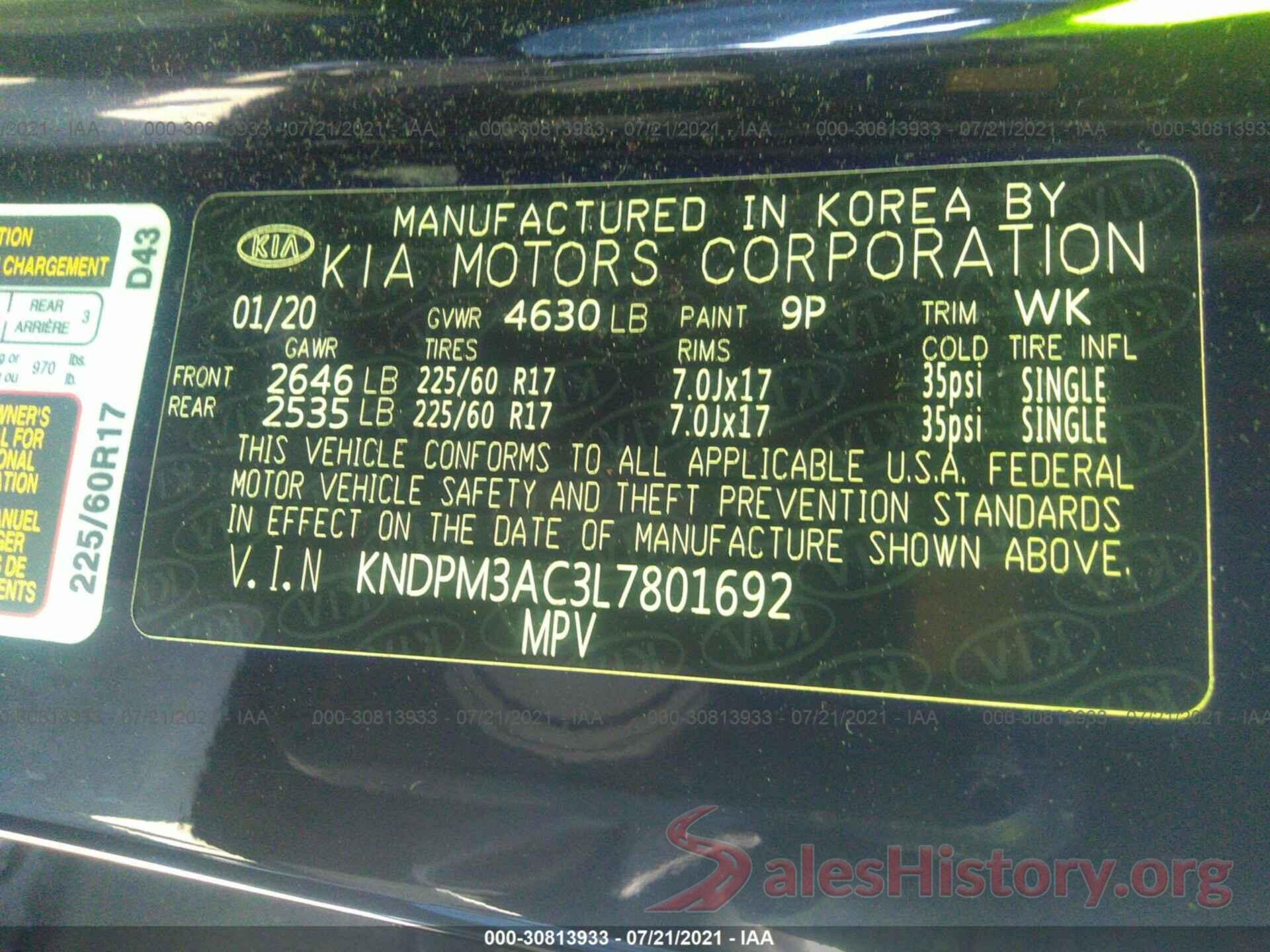 KNDPM3AC3L7801692 2020 KIA SPORTAGE