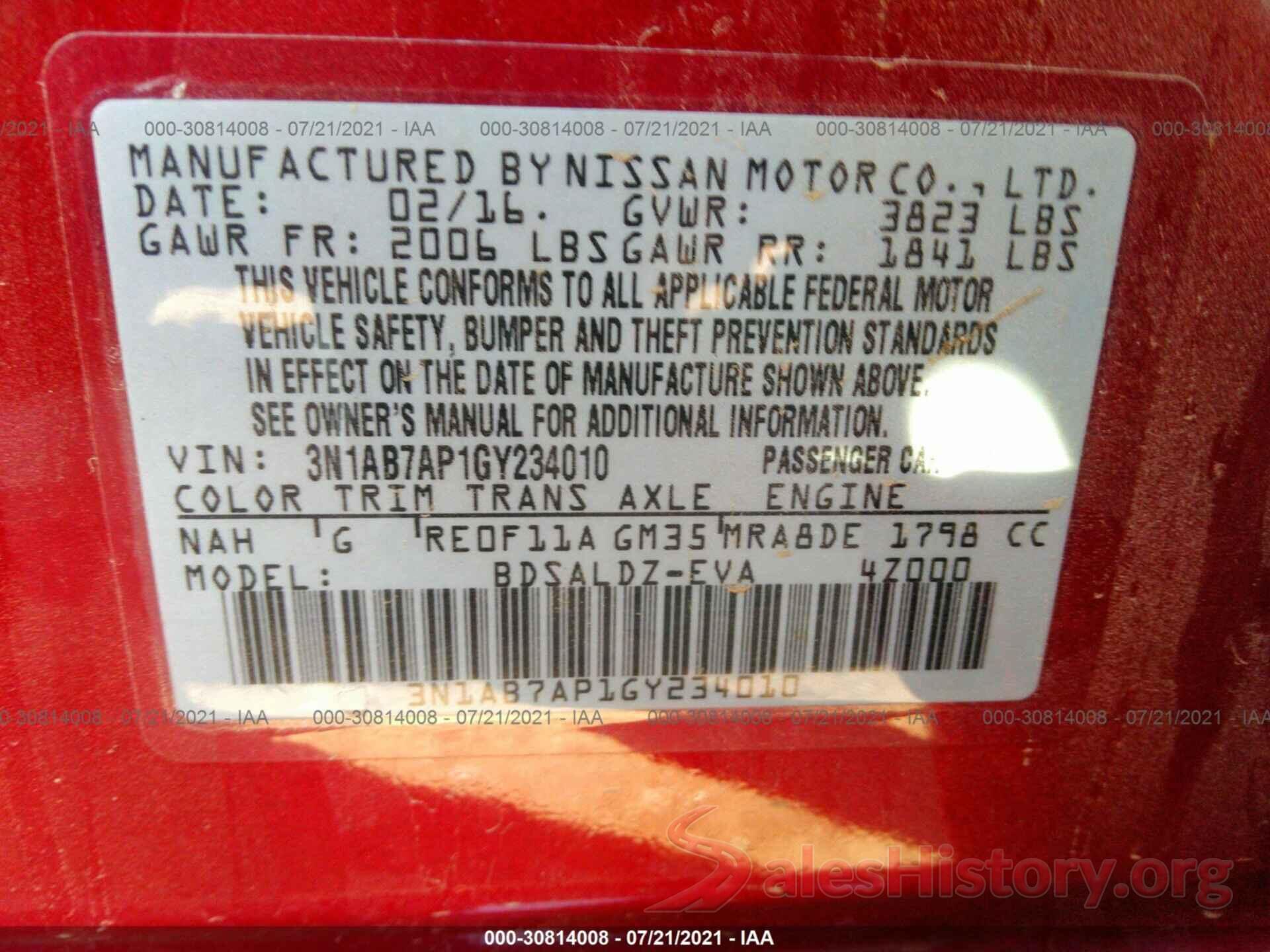 3N1AB7AP1GY234010 2016 NISSAN SENTRA