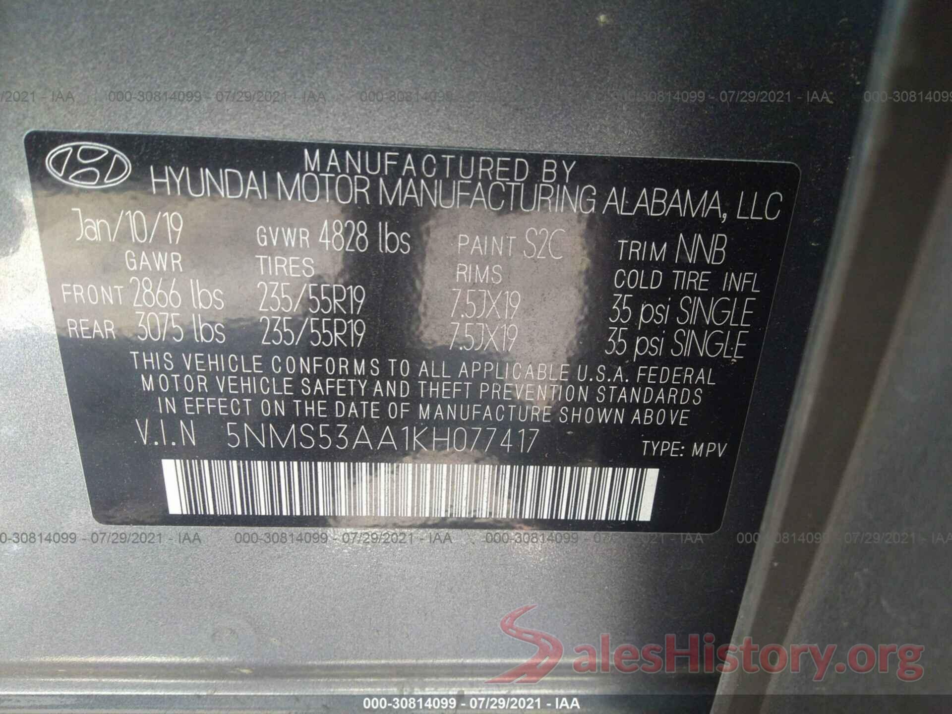 5NMS53AA1KH077417 2019 HYUNDAI SANTA FE