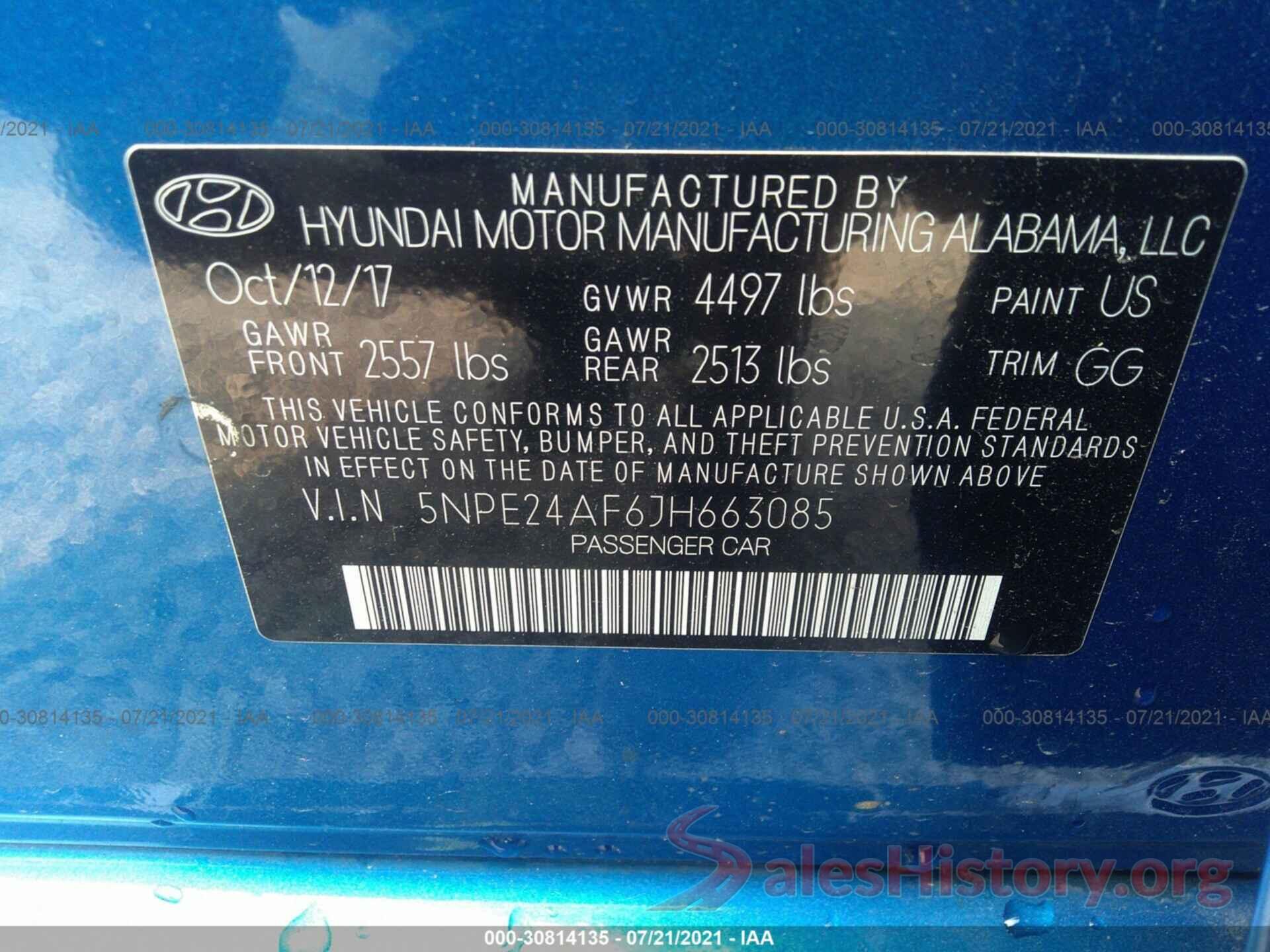 5NPE24AF6JH663085 2018 HYUNDAI SONATA