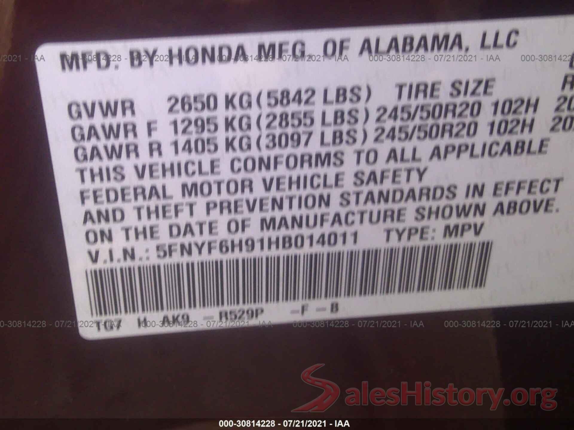 5FNYF6H91HB014011 2017 HONDA PILOT