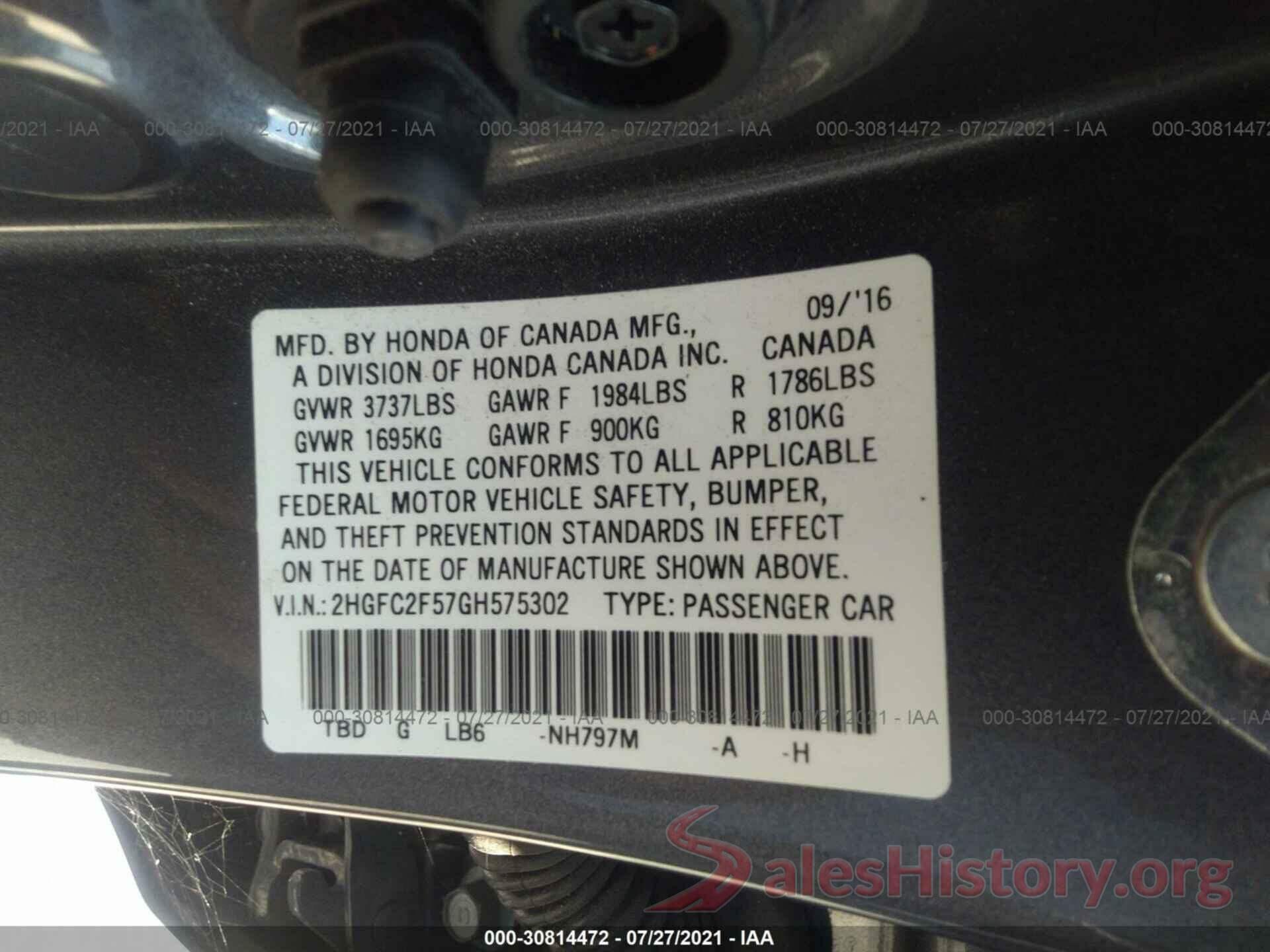 2HGFC2F57GH575302 2016 HONDA CIVIC SEDAN