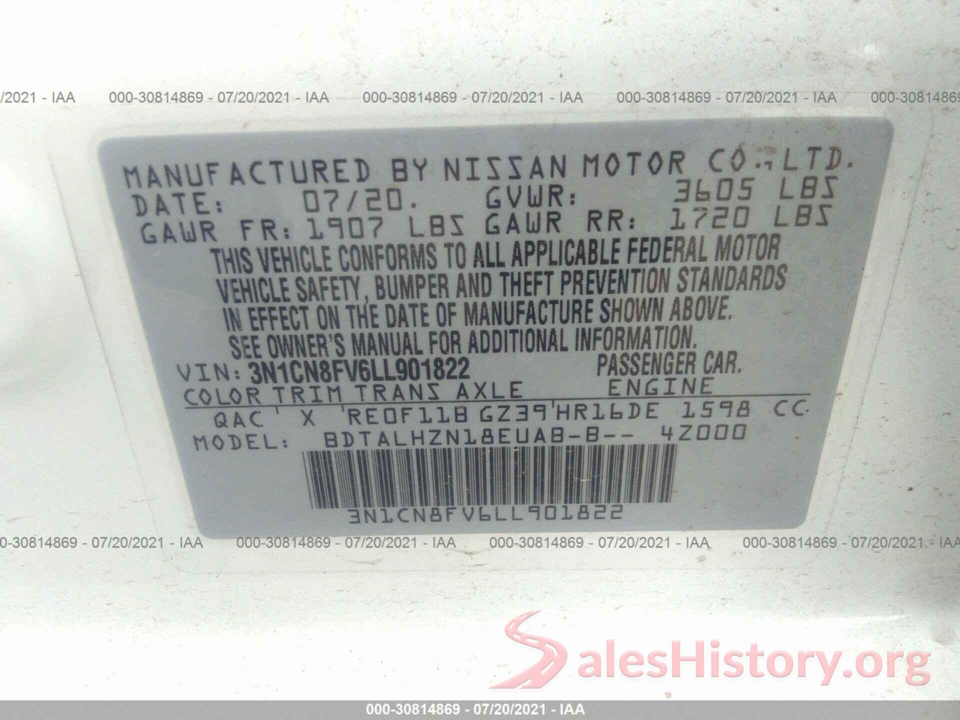 3N1CN8FV6LL901822 2020 NISSAN VERSA