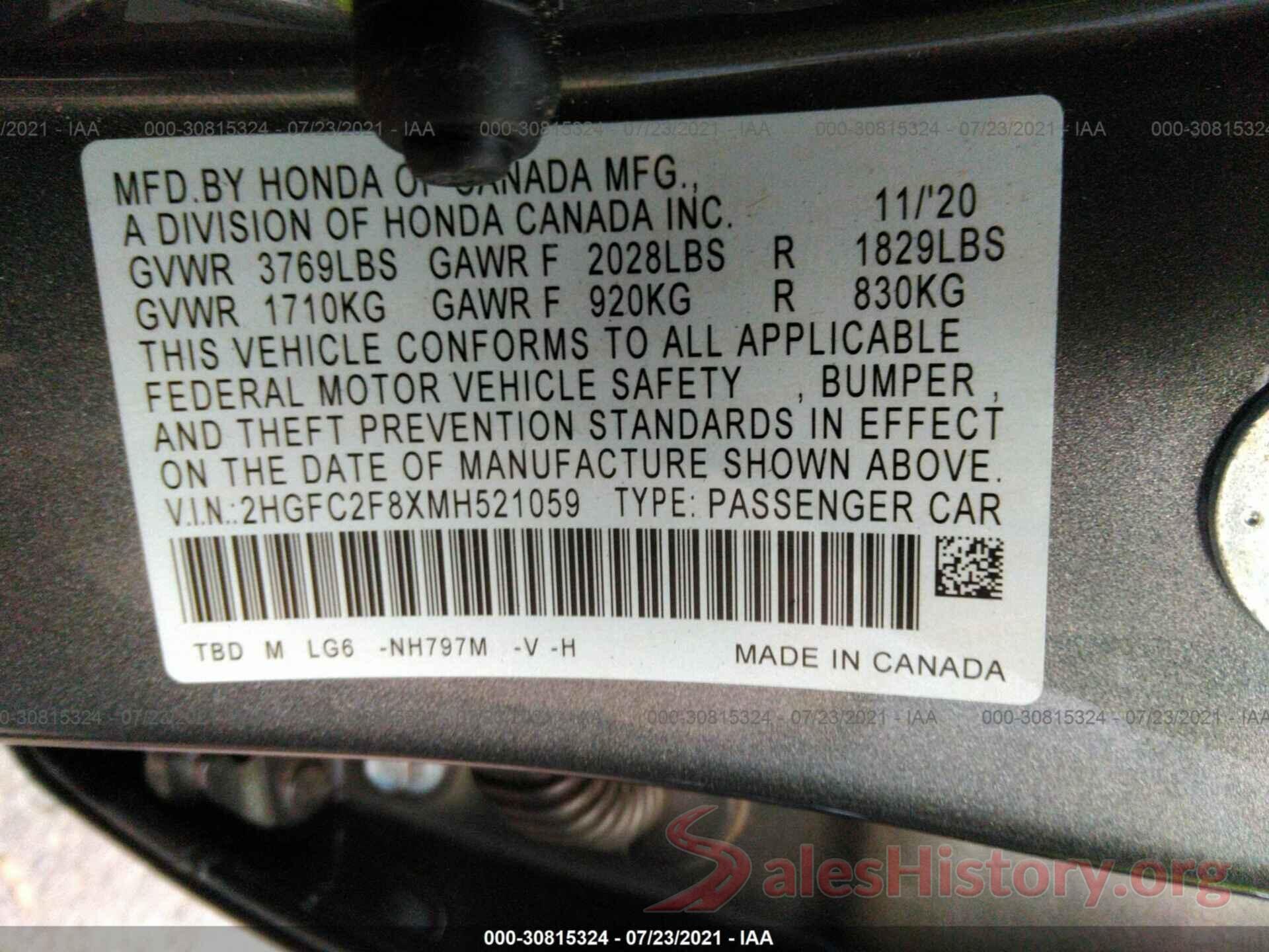 2HGFC2F8XMH521059 2021 HONDA CIVIC SEDAN