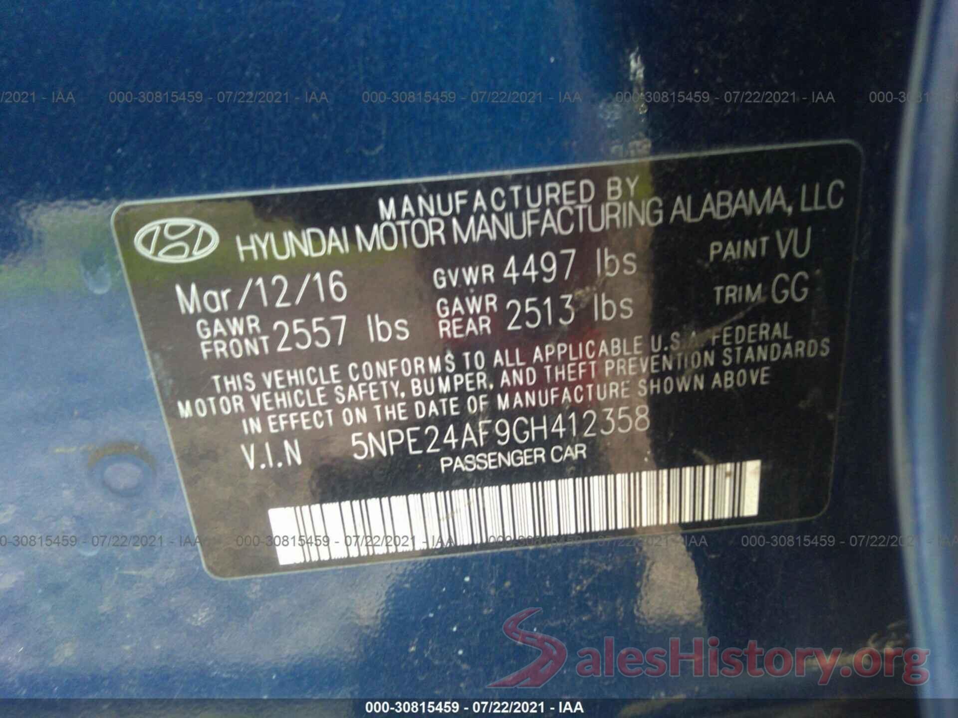 5NPE24AF9GH412358 2016 HYUNDAI SONATA