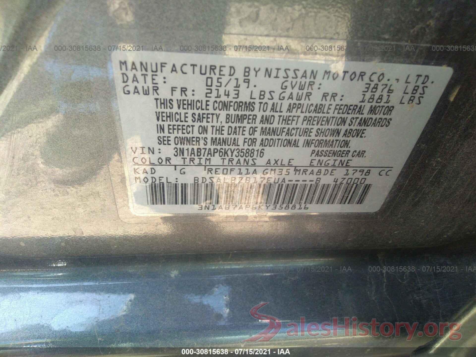 3N1AB7AP6KY358816 2019 NISSAN SENTRA