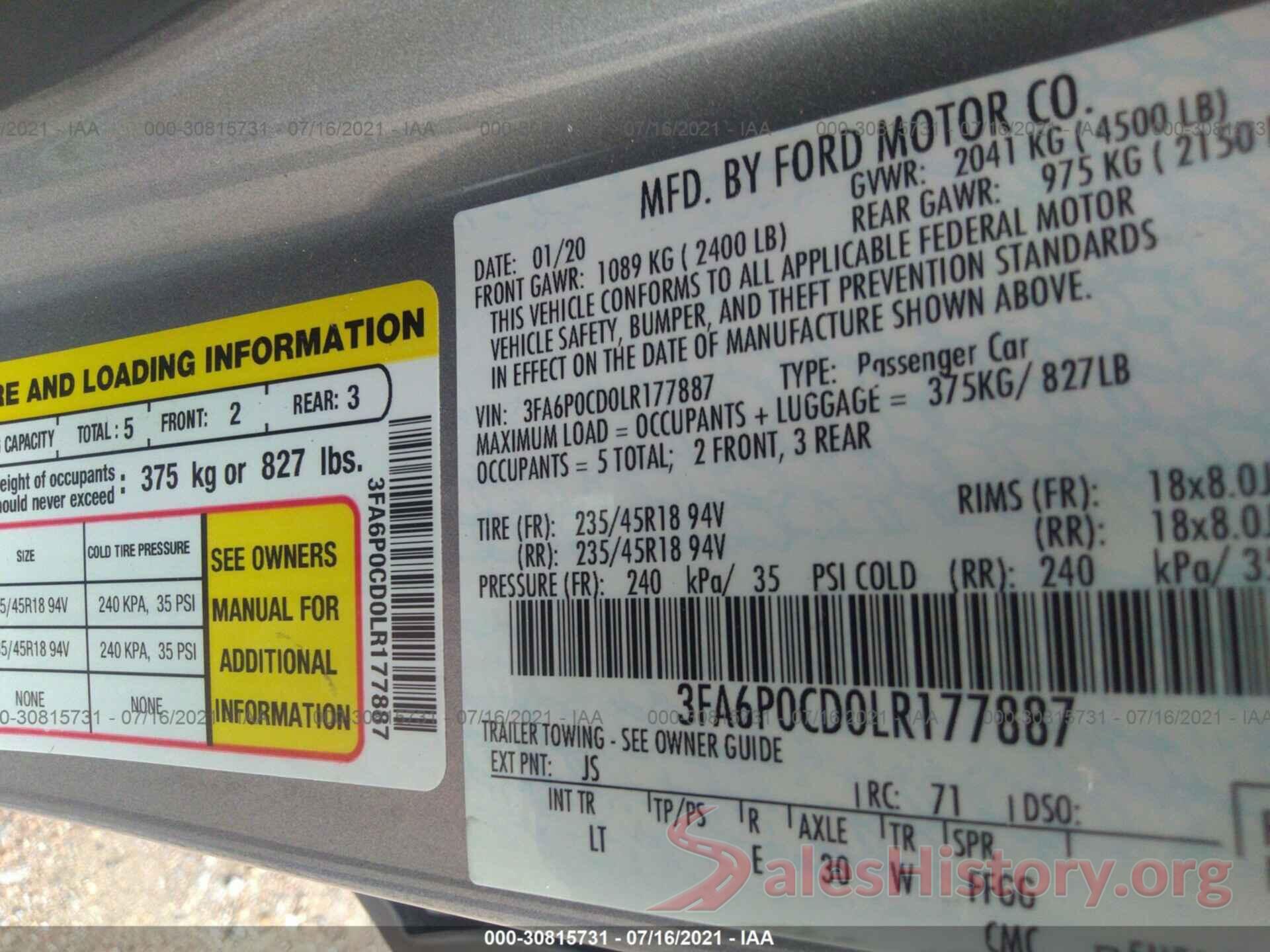 3FA6P0CD0LR177887 2020 FORD FUSION