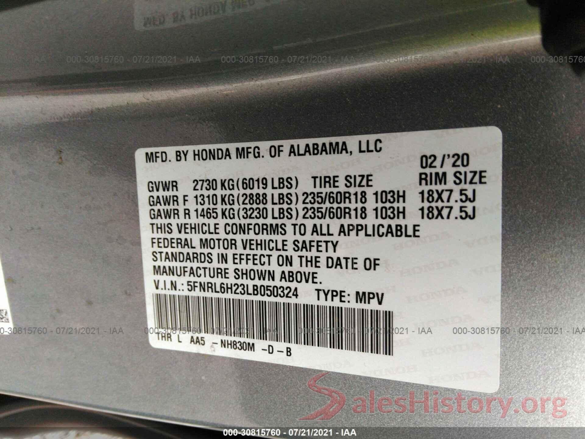 5FNRL6H23LB050324 2020 HONDA ODYSSEY