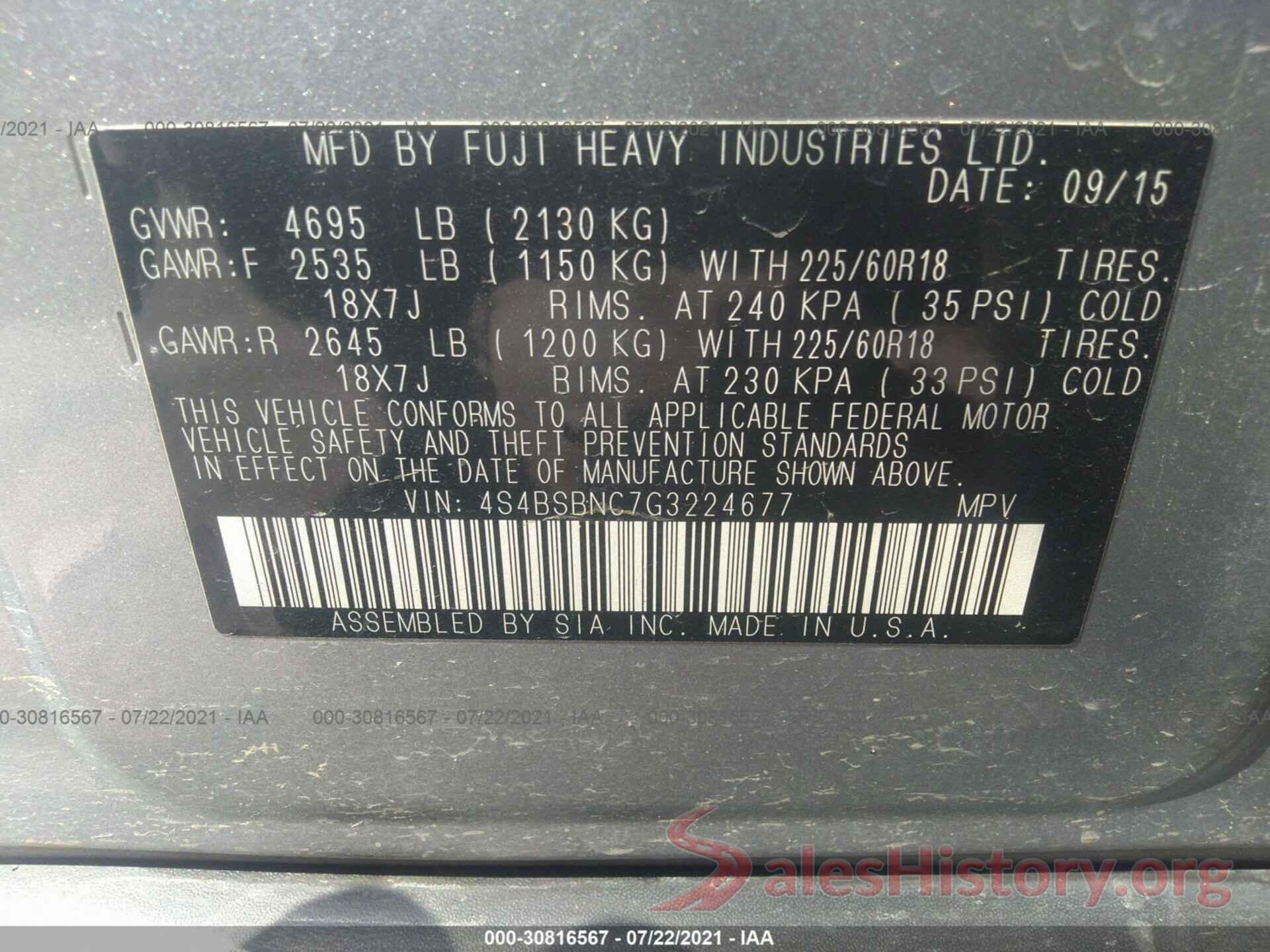 4S4BSBNC7G3224677 2016 SUBARU OUTBACK