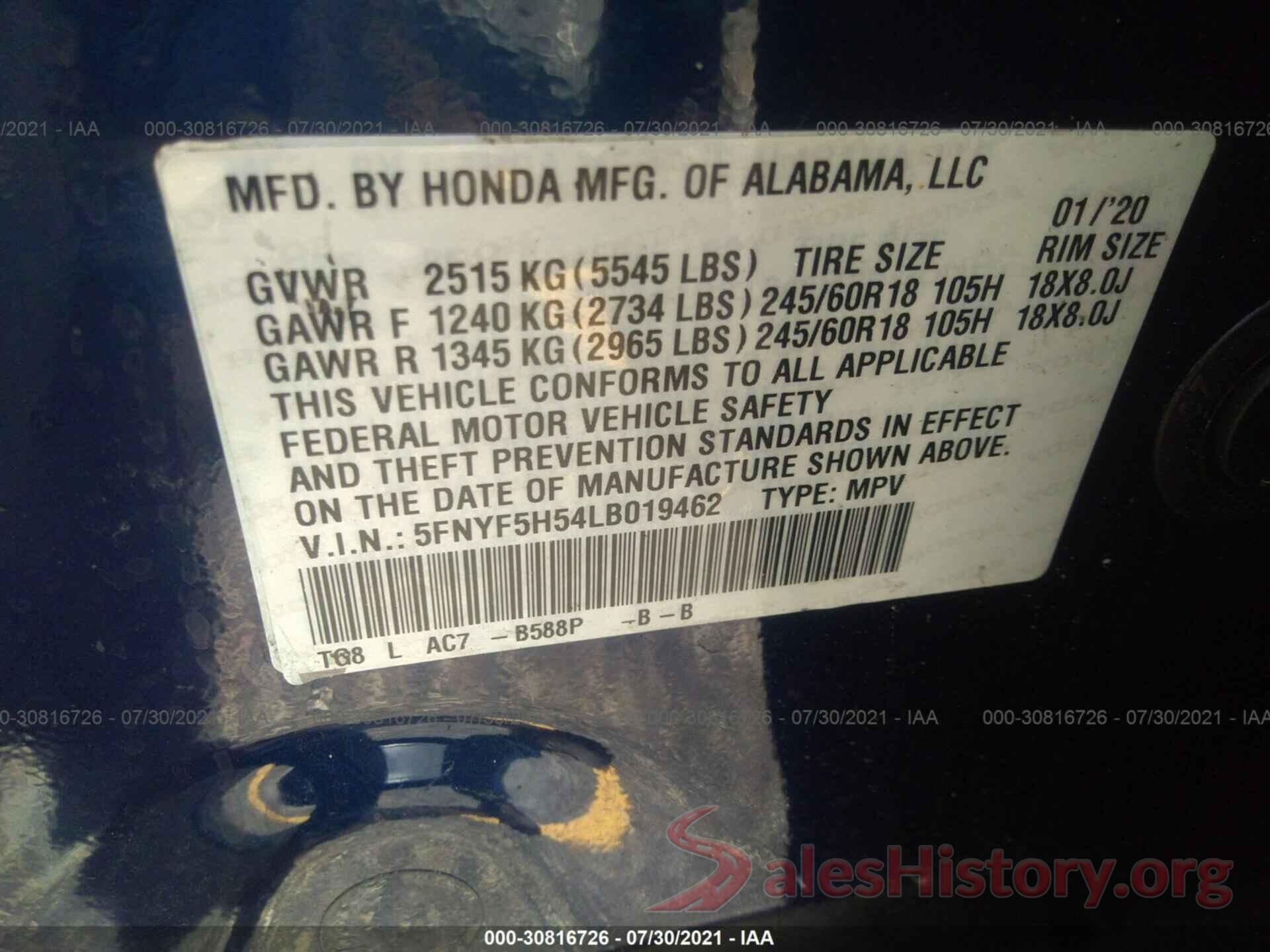 5FNYF5H54LB019462 2020 HONDA PILOT