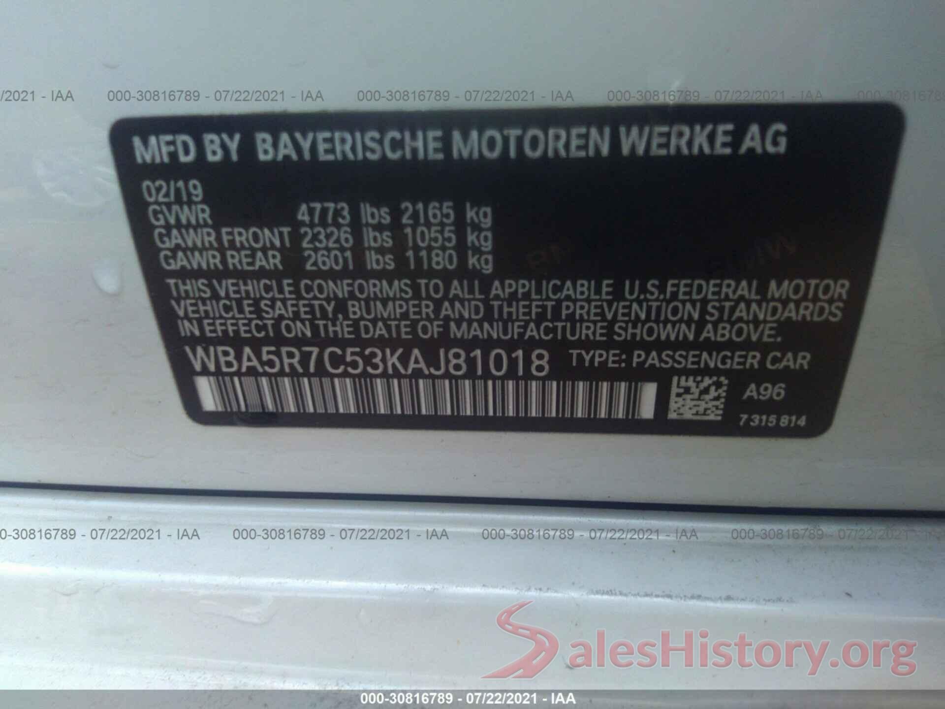 WBA5R7C53KAJ81018 2019 BMW 3 SERIES