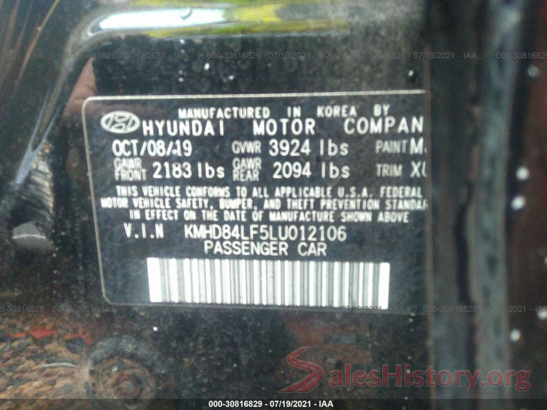 KMHD84LF5LU012106 2020 HYUNDAI ELANTRA