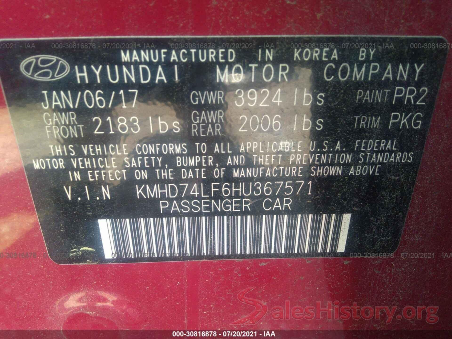 KMHD74LF6HU367571 2017 HYUNDAI ELANTRA