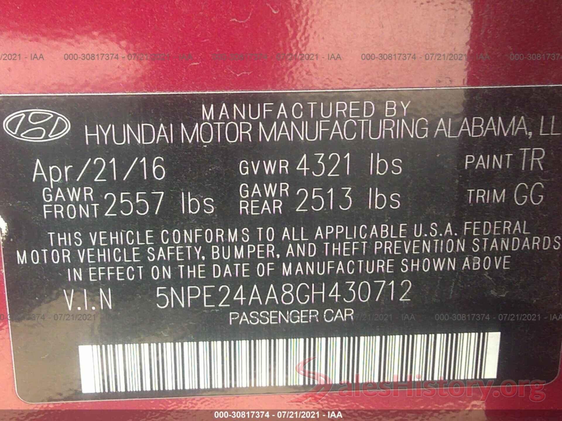 5NPE24AA8GH430712 2016 HYUNDAI SONATA